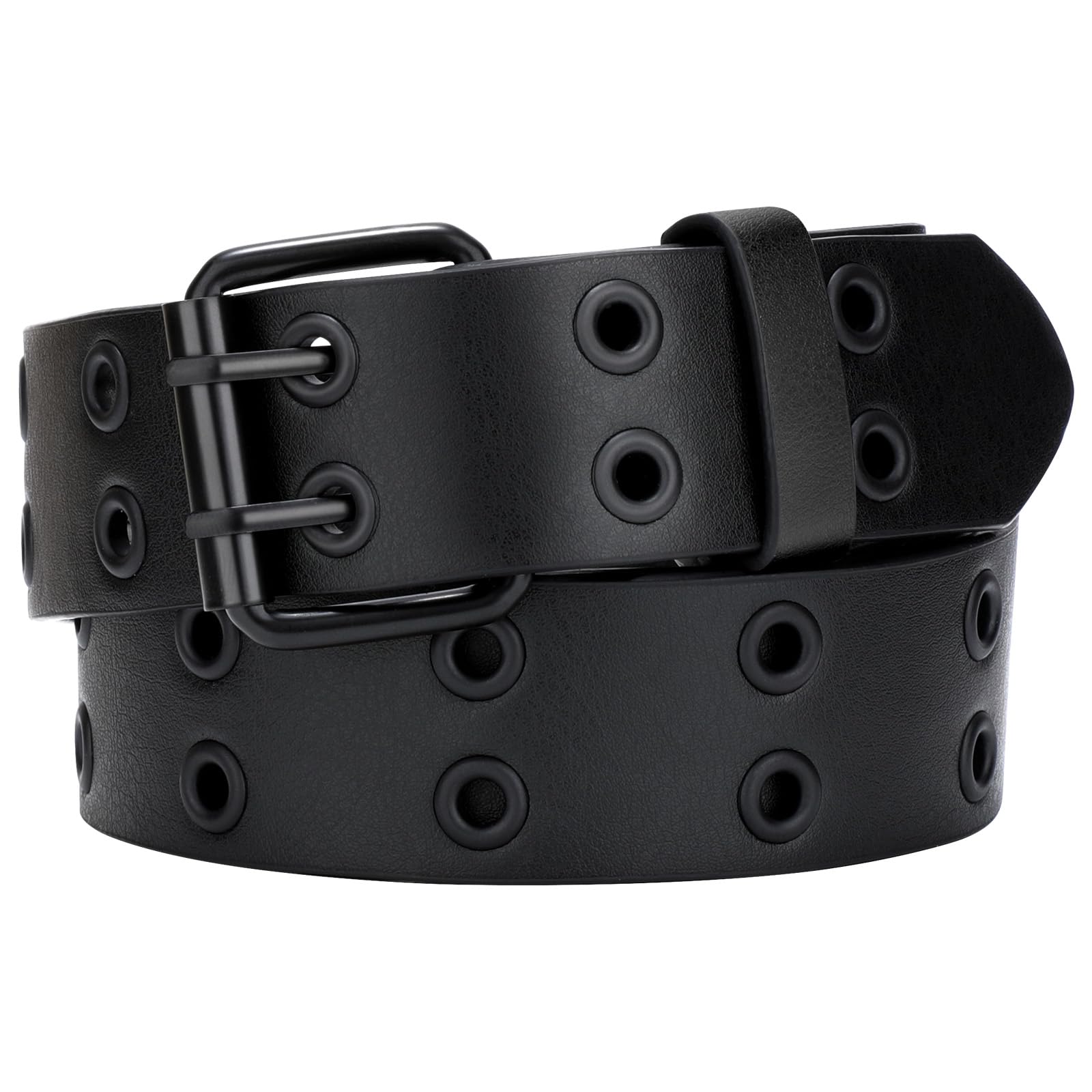 SANSTHS Women Double Grommet Studded Belts Black Leather Belt for Women Men Punk belt