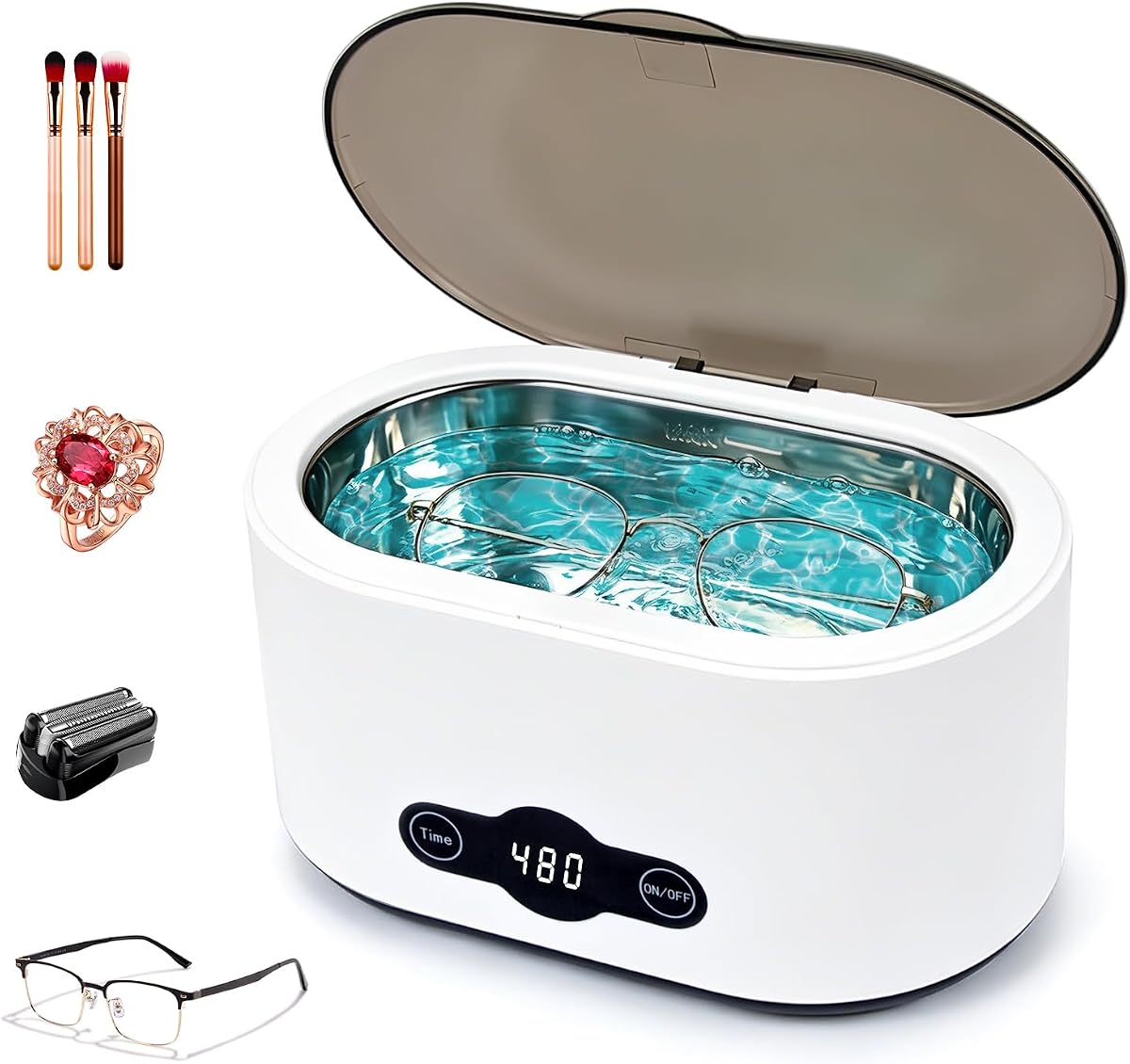 Limpiador ultrasónico de joyas, limpiador sónico de gafas de 45 kHz | Máquina de limpieza ultrasónica portátil con tanque de acero inoxidable 304, 35W, 22oz (650 ml), para anteojos, anillos, relojes, maquinillas de afeitar, uso doméstico