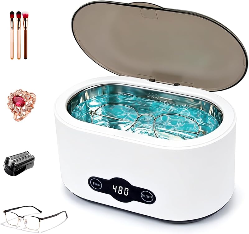 Limpiador ultrasónico de joyas, limpiador sónico de lentes de 45 kHz | Máquina de limpieza ultrasónica portátil con tanque de acero inoxidable 304, 35W, 22oz (650 ml), para anteojos, anillos, relojes, maquinillas de afeitar, uso doméstico
