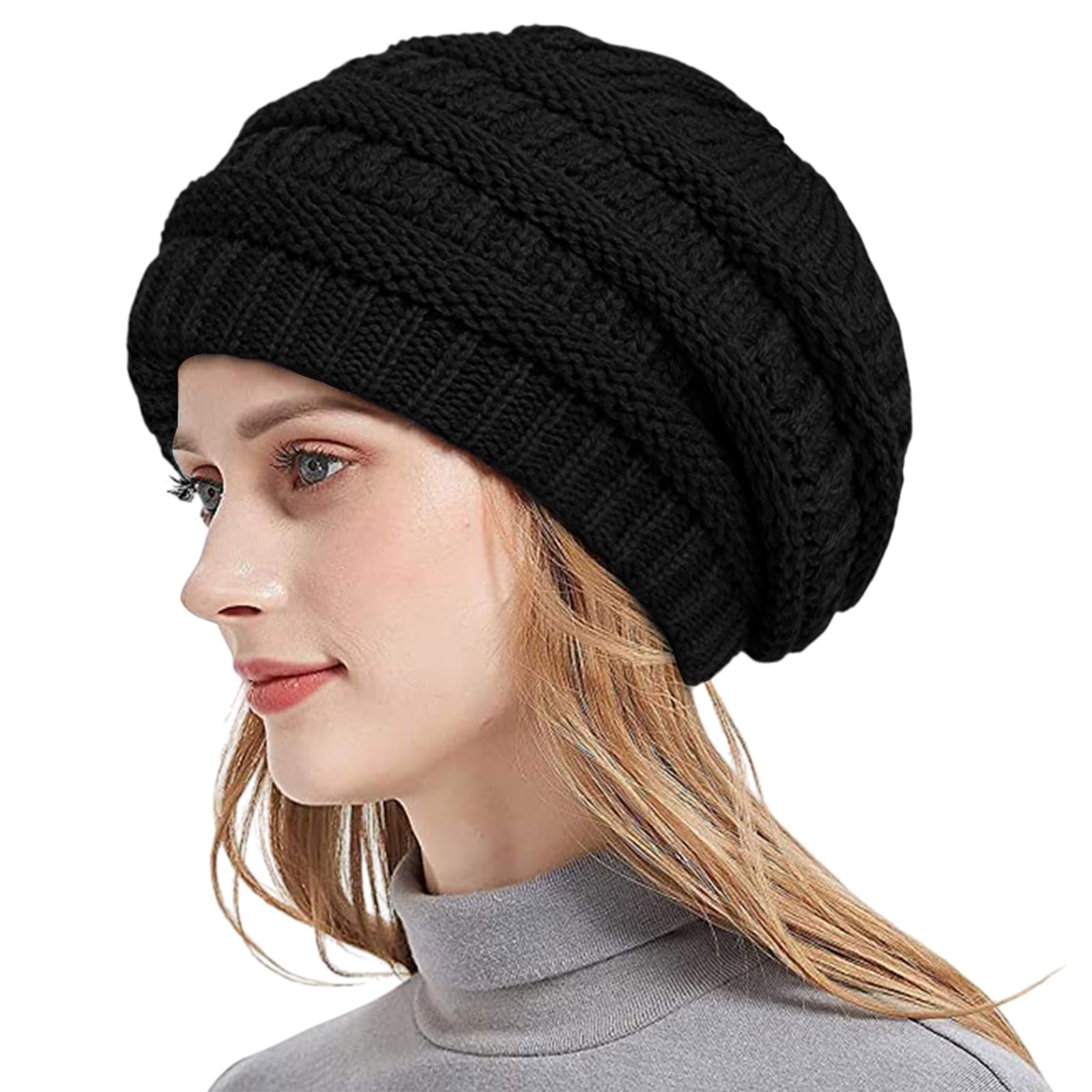 Noir - Bonnet épais Tricoté Pour Femme Et Fille, Chaud, à La Mode, Avec Pompon - Prêt