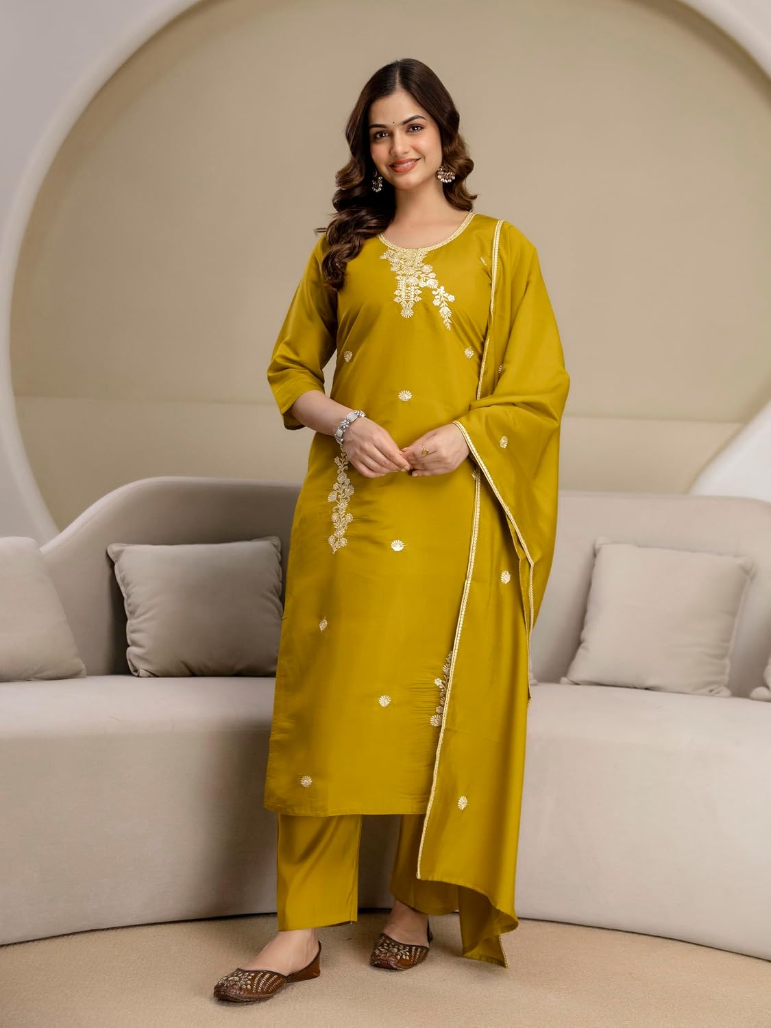 TRENDMALLS Women’s Chanderi Cotton Embroidery Sequence Work Summer Kurta Pant with Dupatta Set