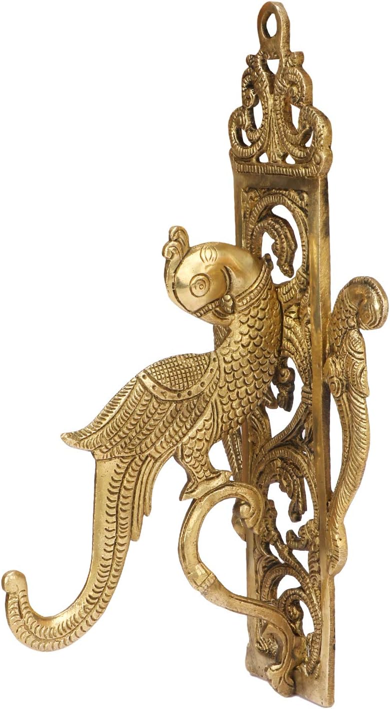 Kartique Brass Parrot Wall Bracket | Decorative Wall Hook for Hanging Lamps, Diyas, Temple Bells,Garlands | Home Decor Piece for Pooja Rooms, Living Spaces in Gold Color Height 10 Inch