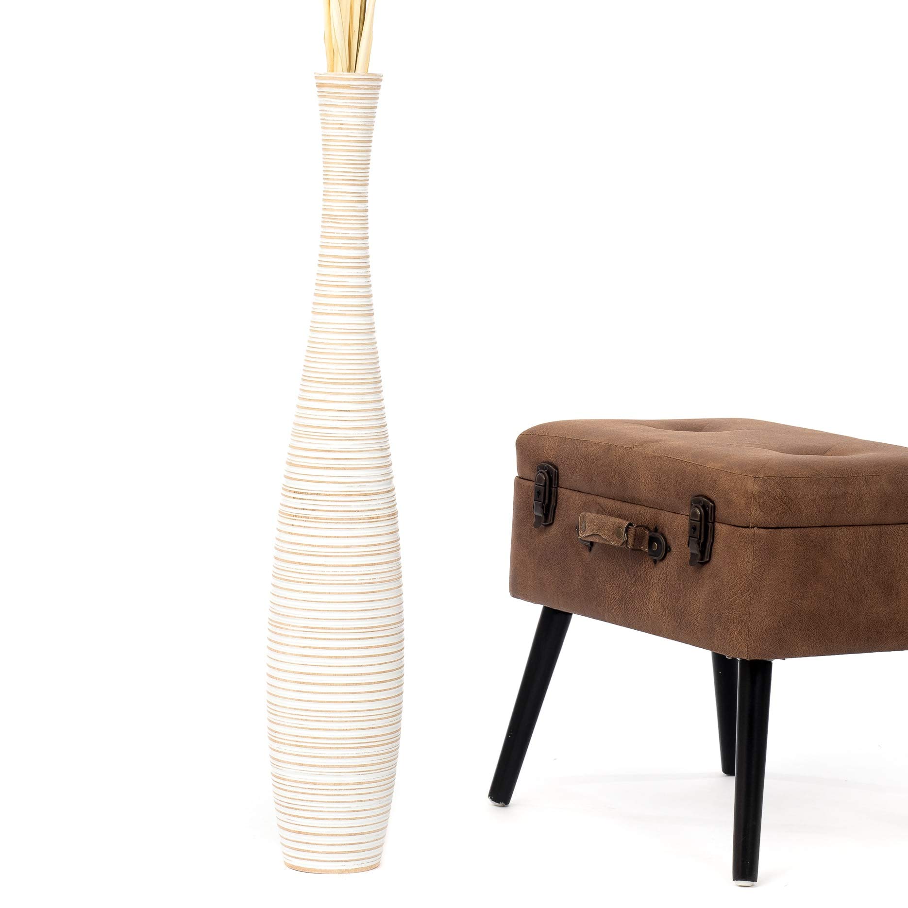 Large White Wash Home Decor Floor Vase – Wooden 34 inches Tall Farmhouse Decor Flower Holder for Fake Plant and Pampas Grass