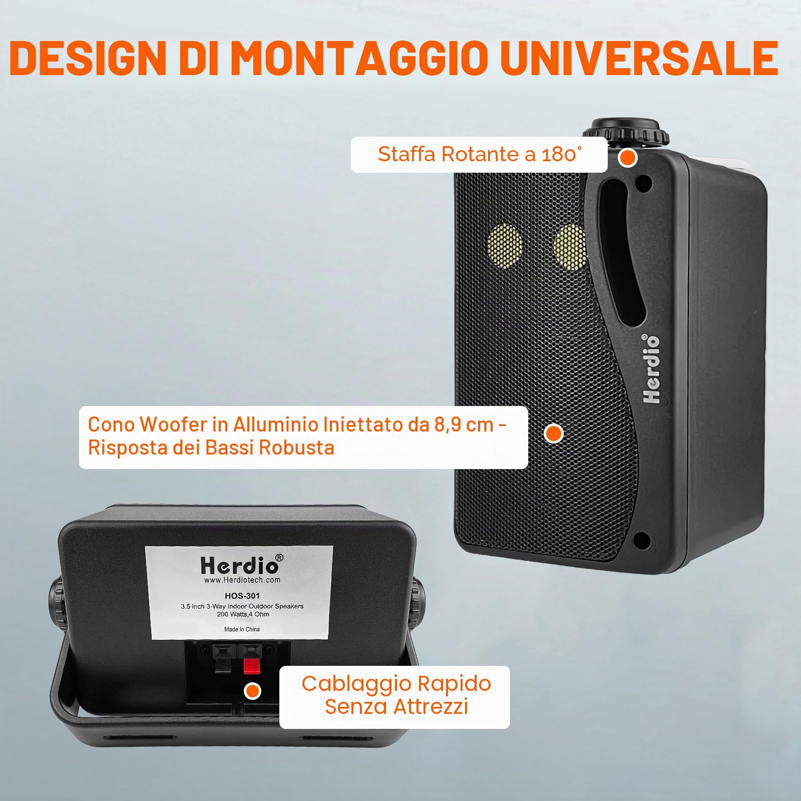 Herdio Altoparlanti Bluetooth da esterno da 3,5 pollici e 400 Watt, cablati, impermeabili, con bassi potenti, da montare a parete, per terrazza, giardino, veranda, interno, 4 pezzi, neri