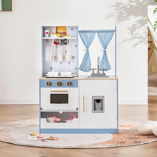 Miniatura 6 de INFANS Juego de cocina para niños, juego de cocina de madera con luz y sonido realistas, estufa, fregadero, microondas, armario de almacenamiento,