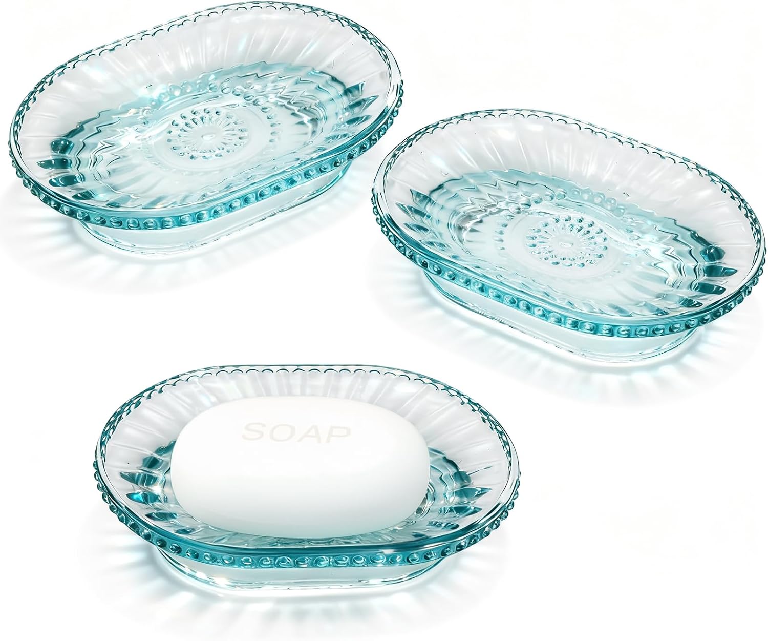 Foraineam 3 Pack Glass Soap Dish, Decorative Embossed Bar Soap Saver Tray Holder for Shower Room, Bathtub, Bathroom Counter, Kitchen Sink