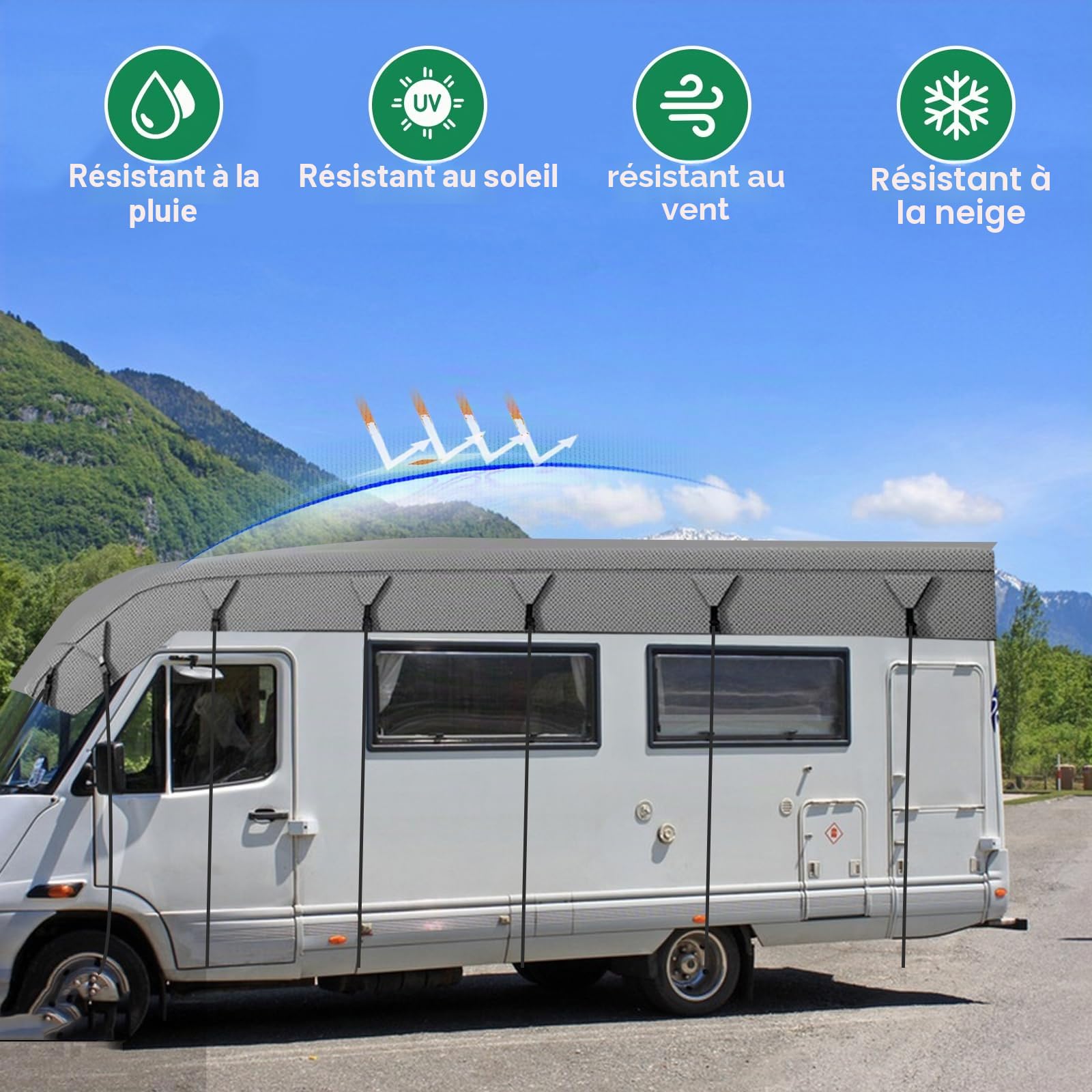 Housse de toit pour caravane, 4 couches imperméables et résistantes en gris pour camping-car, bâche respirante et anti-poussière pour caravane (7,5 x 3 m)
