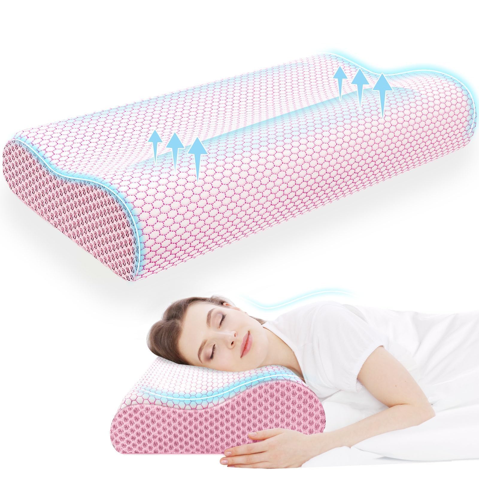 Neck Pillow for Sleeping, Ergonomic Cervical Bed Pillow, Pink Queen Size