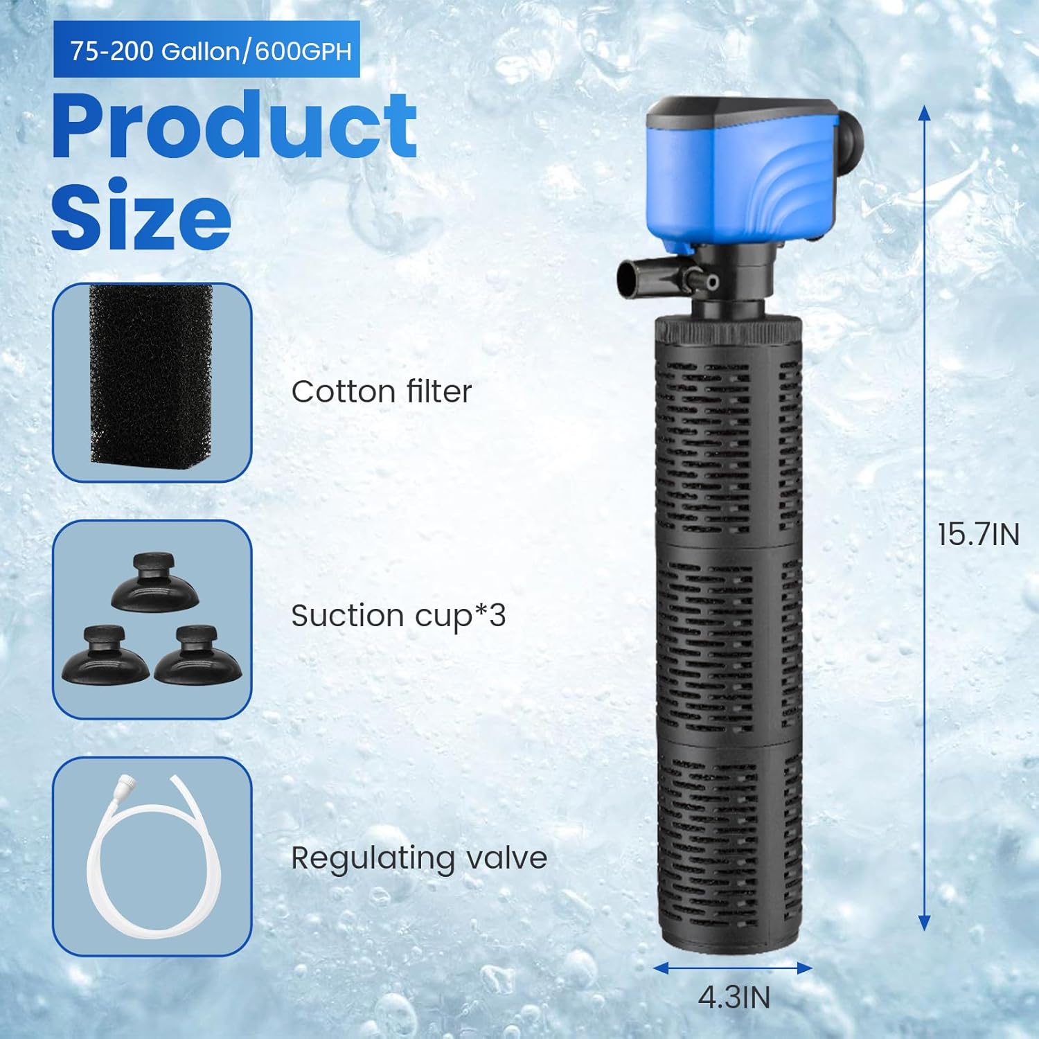 Aquarium Filter 3 Stages, 35W Fish Tank Filter, Submersible Power Filter for 75-200 Gallon Fish Tank, 600 GPH Water Pump Canister Filter for Pond Fish Tank Saltwater Freshwater