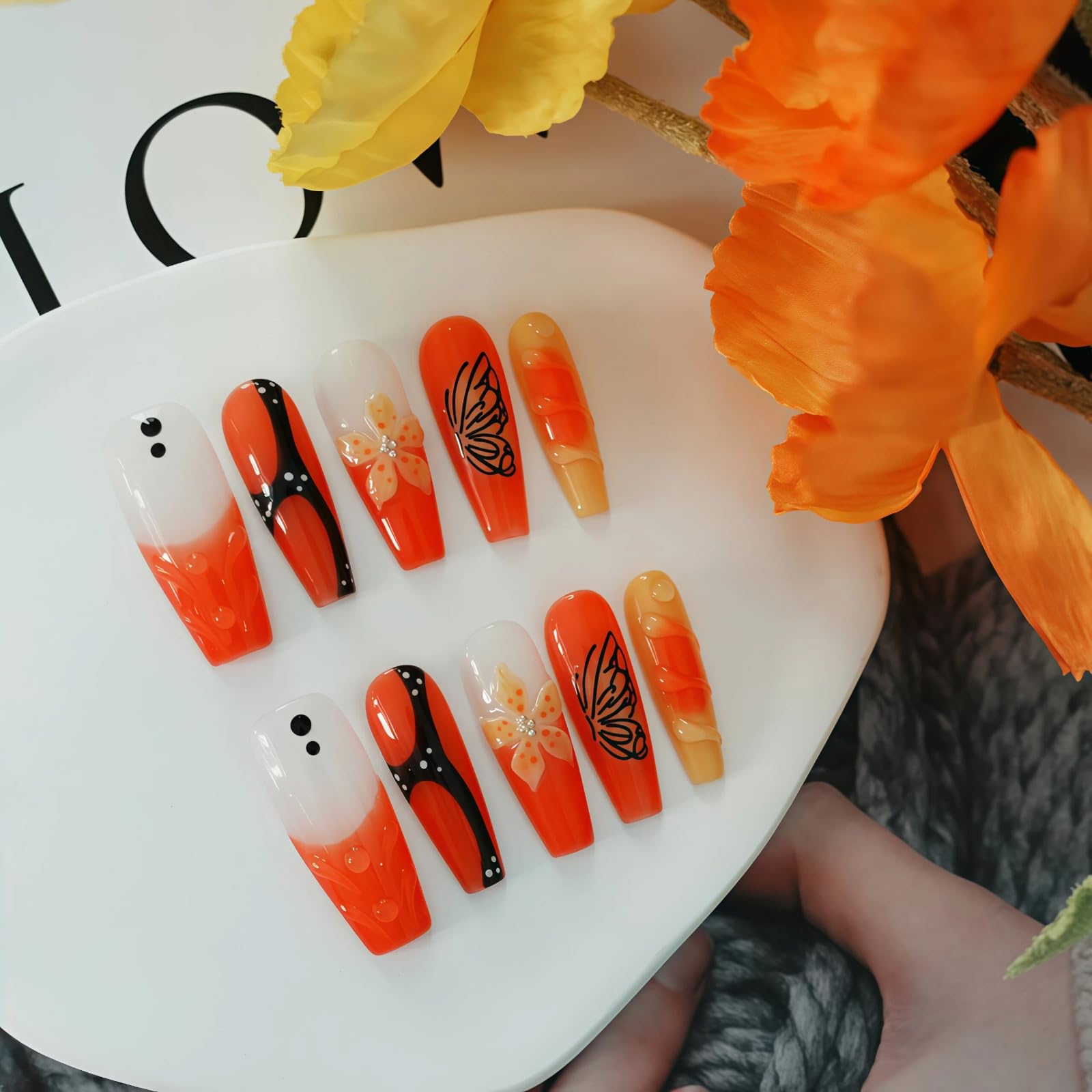 Tesytto Handmade Press on Nails Long Coffin Muti-Layer Gel Fake Nails - 3D Lotus Flowers & Tiger Print, French Tip Glossy Thick Acrylic Nails (Playful Zebra with Lotus,S): M Mango Sago