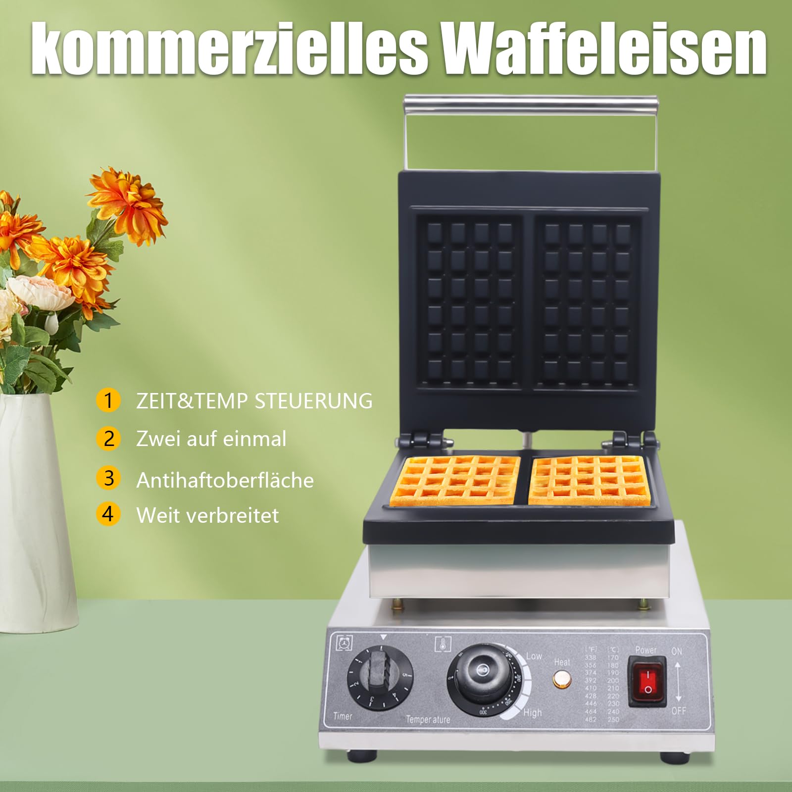 Gaufrier électrique 2000W Gaufrier Professionnel - Appareil à Gaufres pour 2 Gaufres - Revêtement Antiadhésif-Thermostat Réglable 50-300℃ - Cafétéria/Boulangerie/Snack-bar