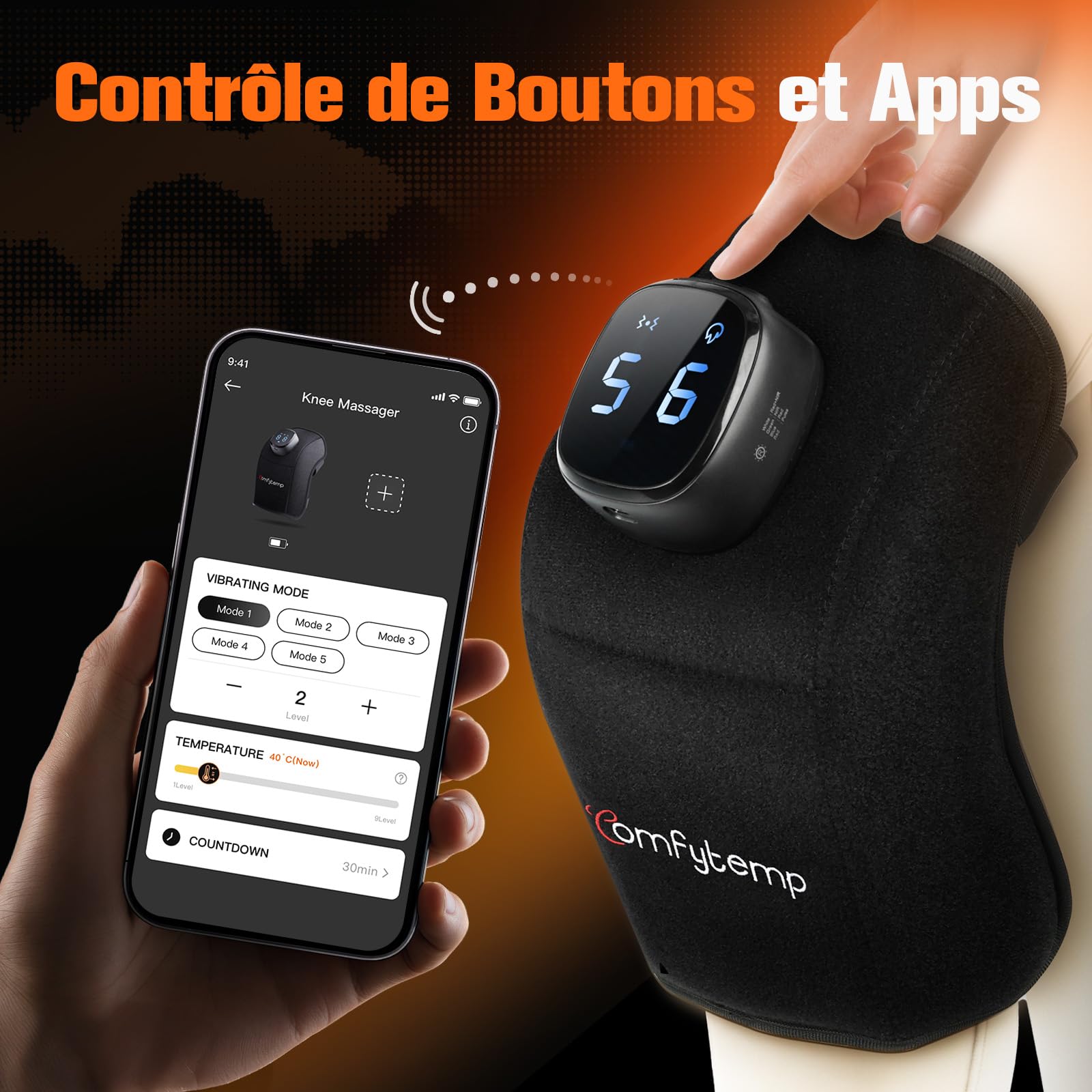Comfytemp Coussin Chauffant Sans Fil pour Genou, Masseur 3D, 9 Niveaux de Chaleur 5 Vibrations, Contrôle APP