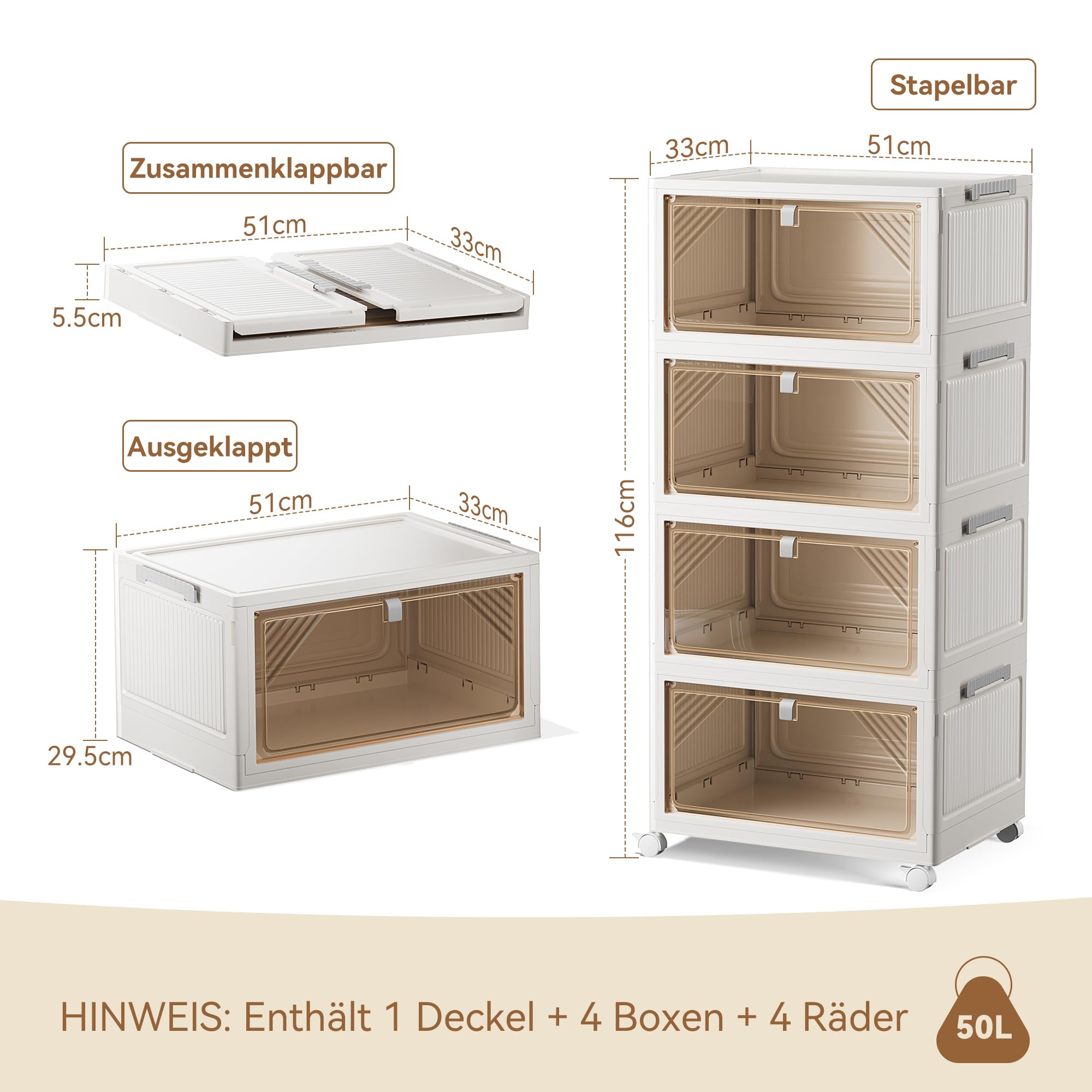 BTGGG 4 Tier Aufbewahrungsbox mit Deckel, 50L*4 Stapelboxen Kisten Aufbewahrung mit Deckel, Kunststoff-Aufbewahrungsbox Faltbare Aufbewahrungsbehälter mit Rollen und Türen, Storage Boxes Organizer