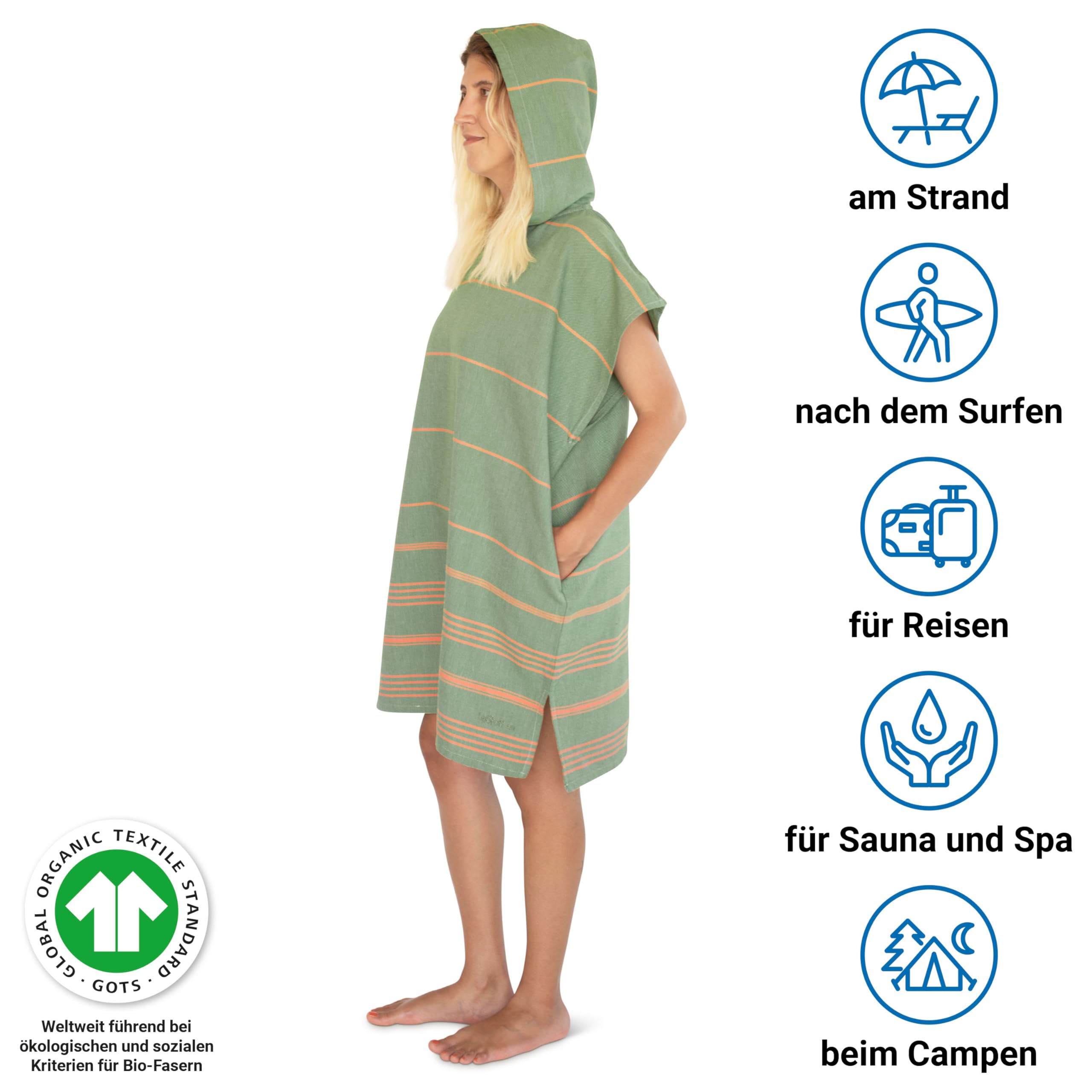 LeStoff Badeponcho - 100% Bio-Baumwolle - Leicht, Saugstark, Schnelltrocknend, Strandponcho, Handtuchponcho, Surfponcho, Umkleideumhang, Handtuchkleid, Duschponcho, Umziehponcho (Olive-Orange, M)