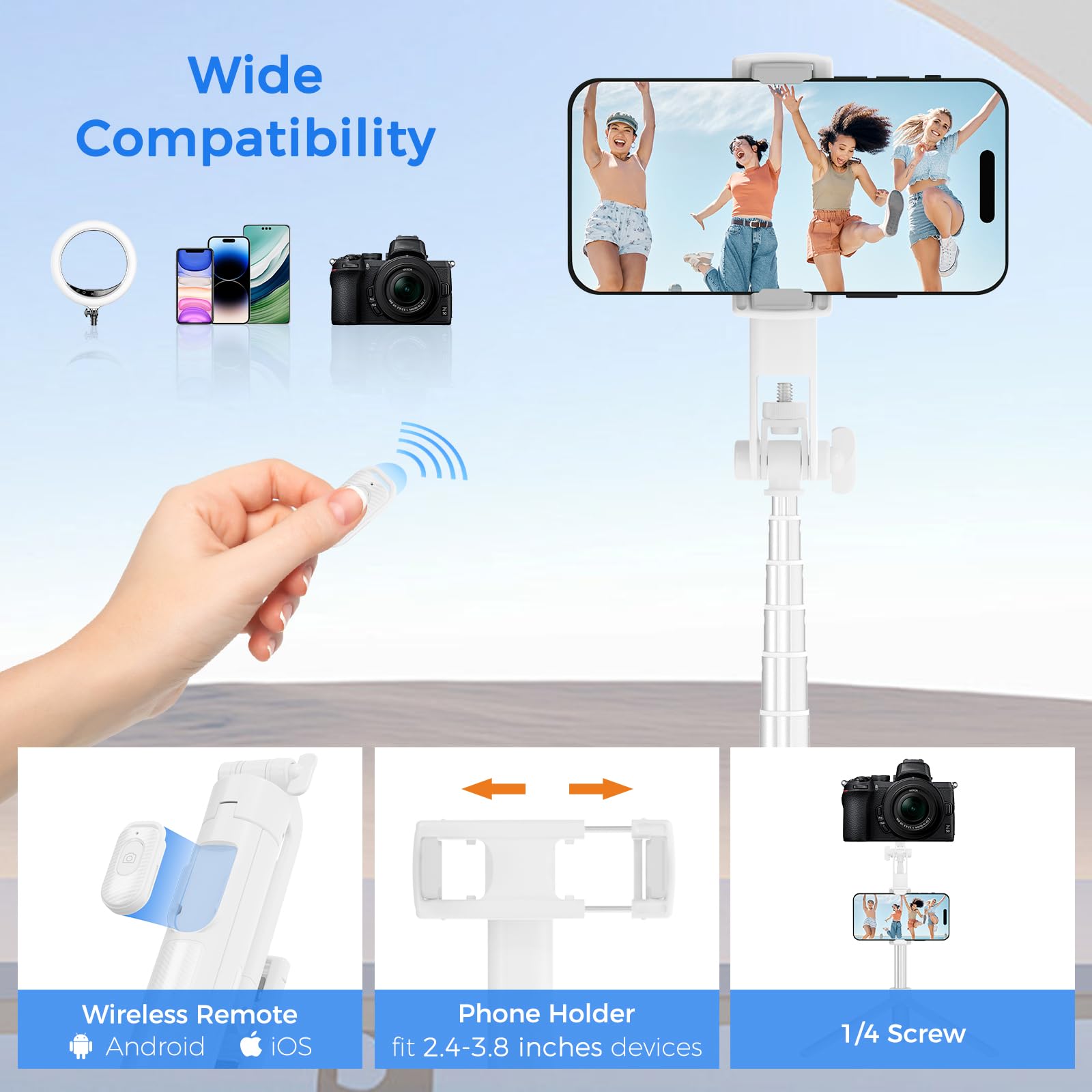 Selfie Stick Travel Tripod for Cell Phone with Remote Control and Phone Holder, Extendable Selfie Stick for iPhone, iPhone Tripod for Video Recording, 50 Inch, Pink