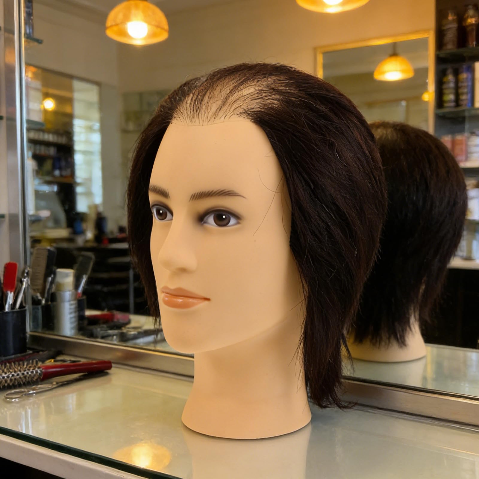 Frisierkopf mit Echthaar für Friseursalon und Barbier Stabiler Pvc Trainingskopf Schwarz Verstellbar für Anfänger und Übung im Barber Shop