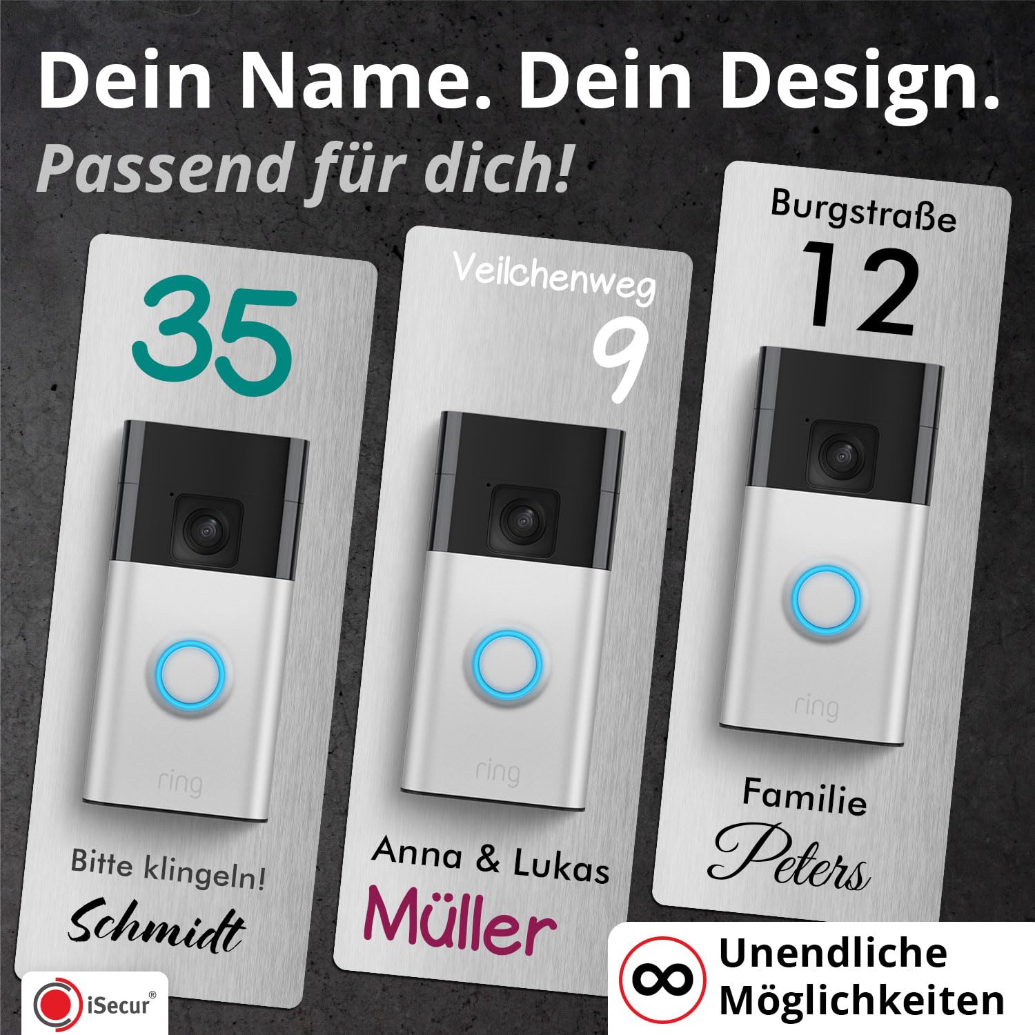 iSecur Edelstahl Blende personalisiert Premium - Passend für Ring Akku-Videotürklingel 2, Gen 3 Plus 4 (2024) - Edle Türstation-Platte 260x100 mm - Klingelschild mit Wunschdruck I az181