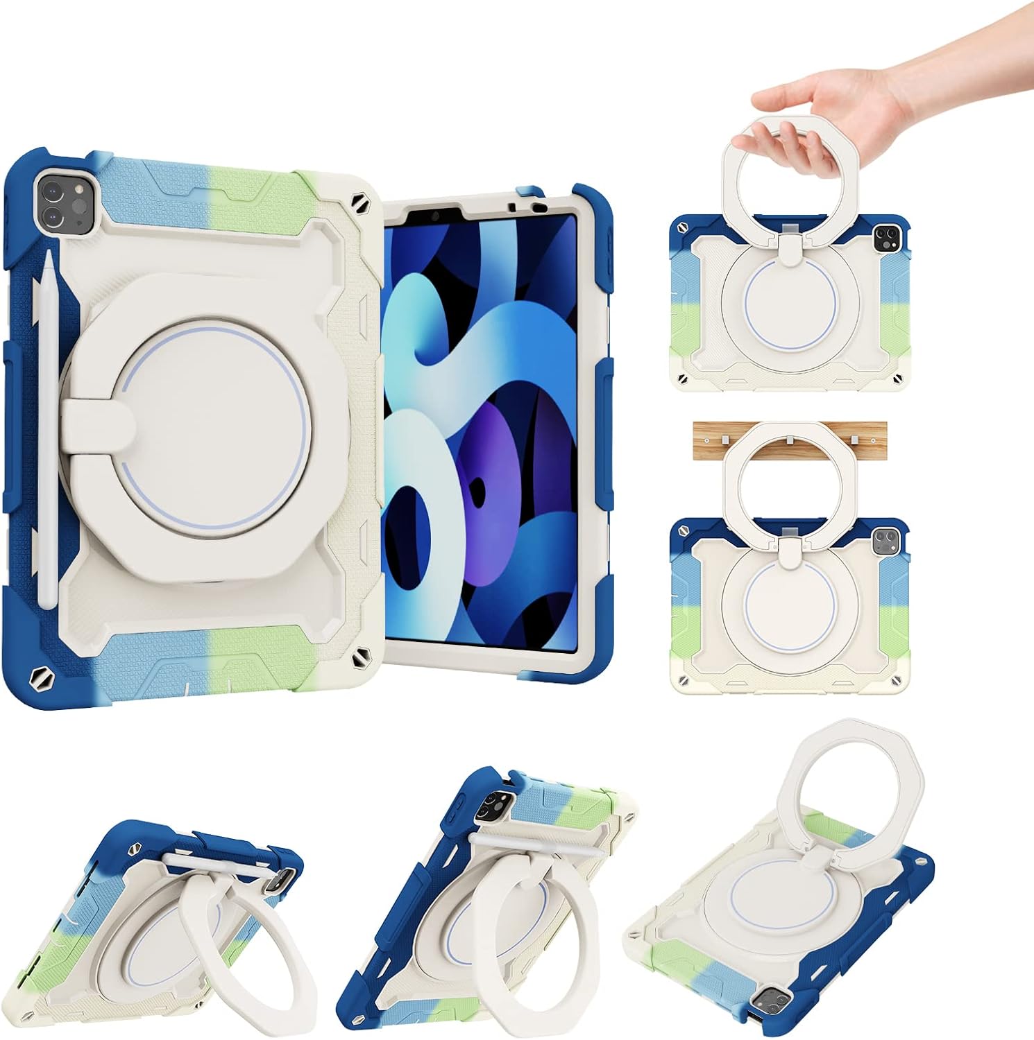 Case for iPad Air 5th/4th,iPad Pro 11 inch 2018/2020/2021 Shockproof Case with Screen Protector,Pencil Holder,Shoulder Strap,Rotating Large Ring Kickstand for Kids
