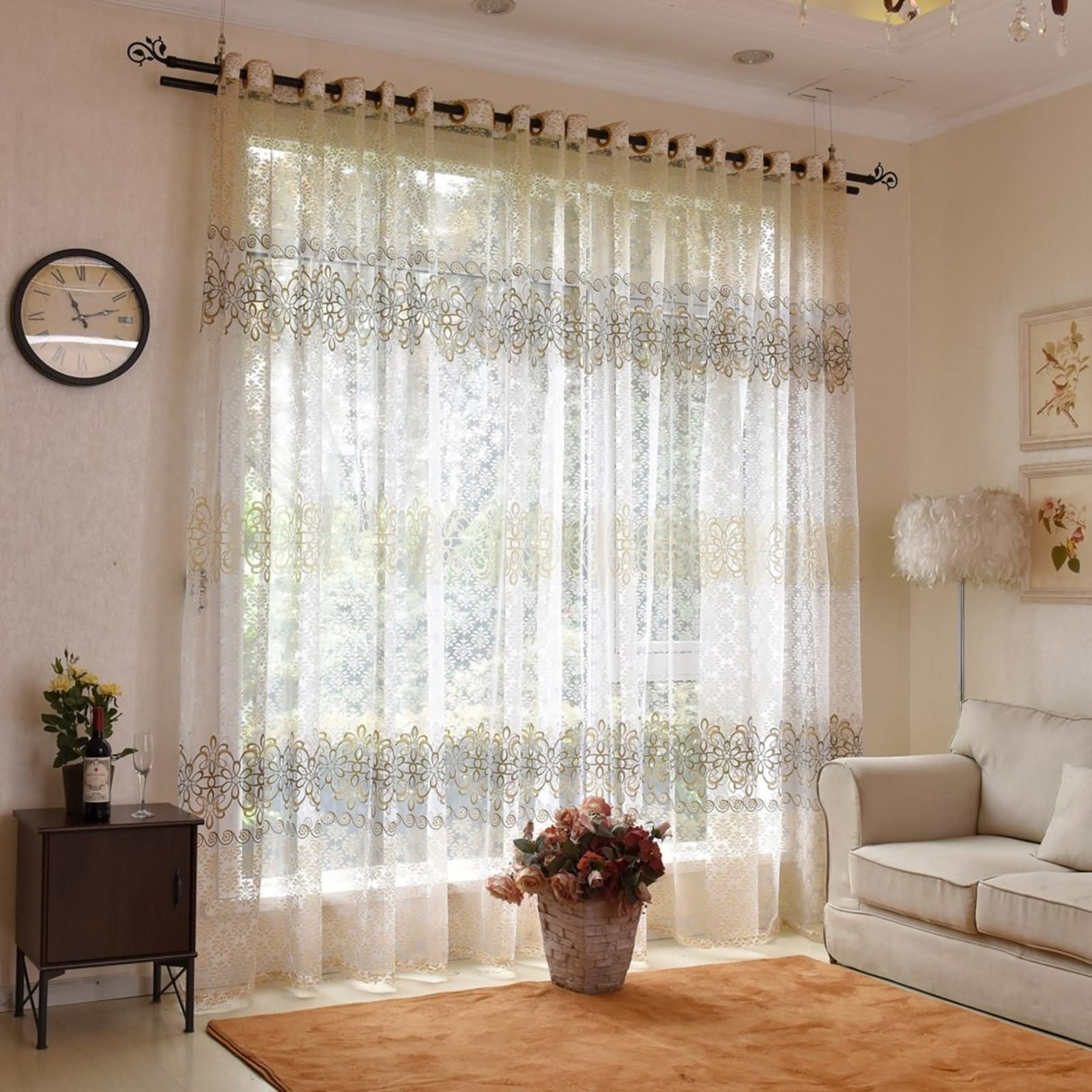 Vorhang Boho Style, Küchenvorhang Braun Transparente Blume Polyester 2 Stücke 107X214cm