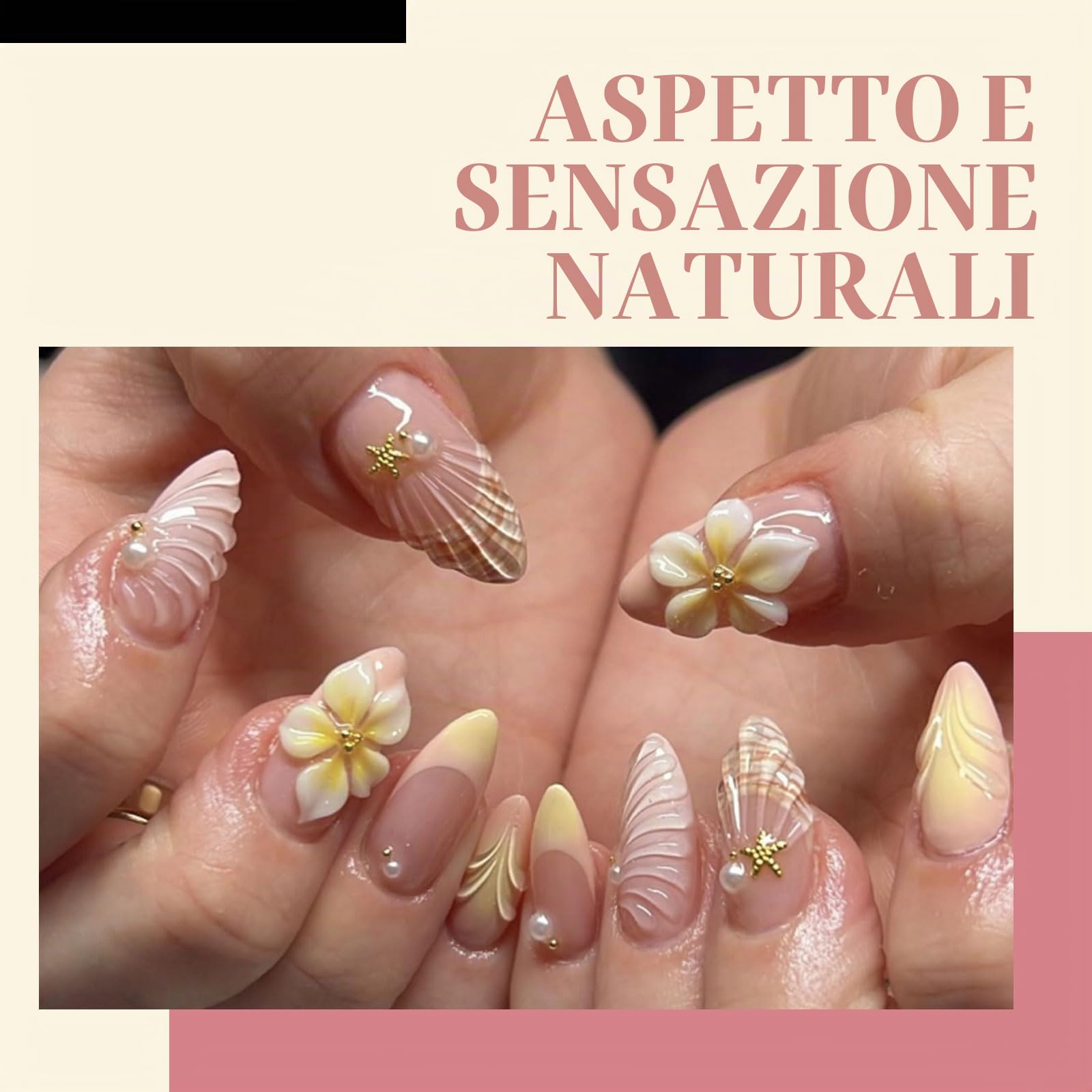 LunarCharm 24 pezzi unghie press on 3D giallo-rosa con fiori, conchiglia e onde, corte a mandorla lucide in acrilico, unghie adesive a copertura completa per donna fai da te