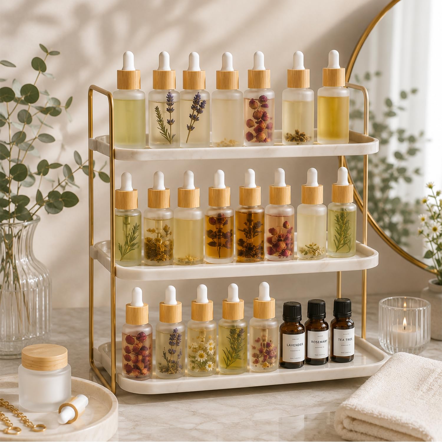 Lot de 12 flacons compte-gouttes en verre dépoli de 30 ml pour huiles essentielles avec bouchons en bois vides avec couvercles en bois pour voyage, maison, magasin
