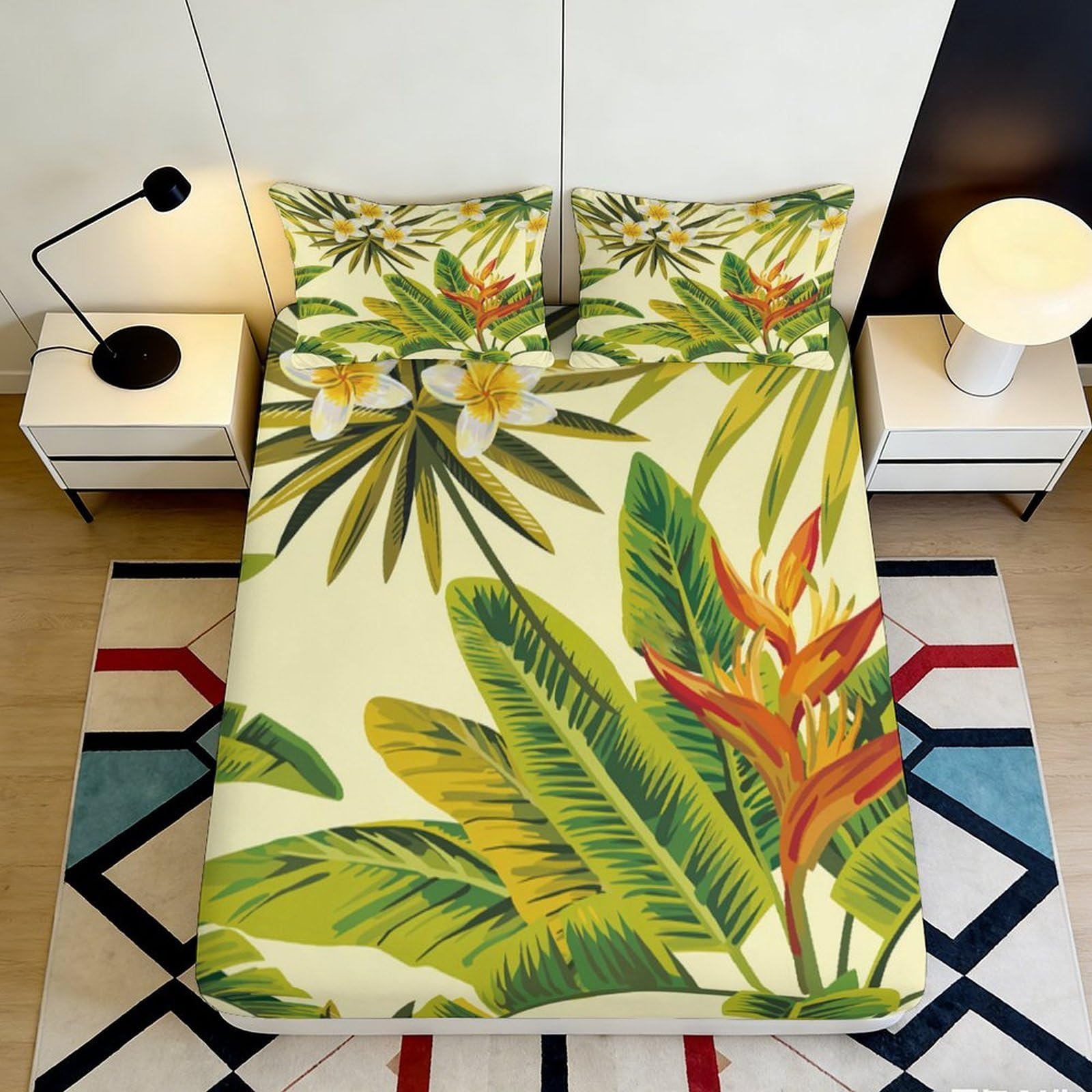 Jqzkxnhpbr Style-4 3D Printed Tropical Leaves Fitted Sheet Microfiber Botanical Bird Of Paradise Mattress Cover For Bedroom Guest Room Decor 90X200x25cm