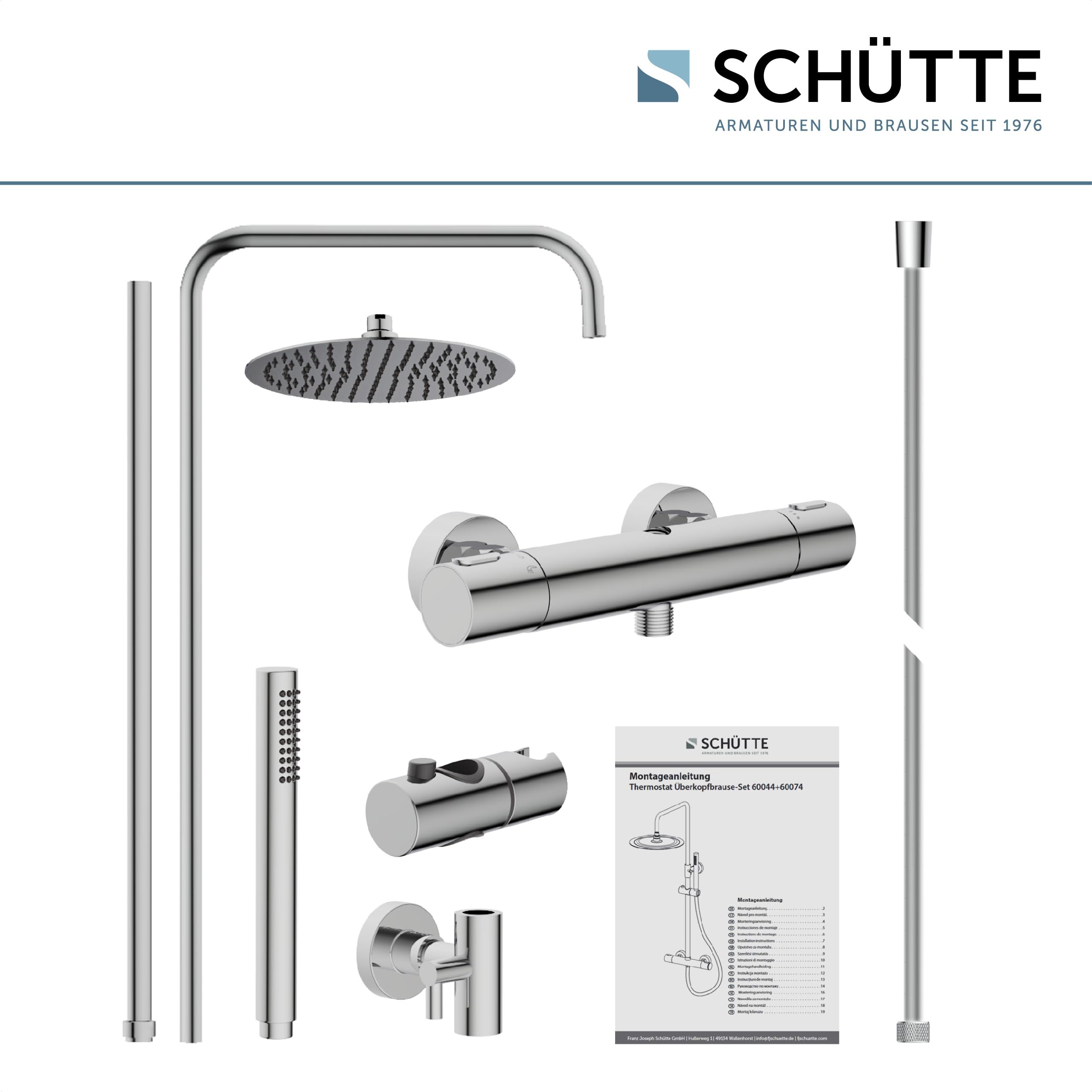 SCHÜTTE AQUADUCT 60044 Duschsystem mit Thermostat, Duschset mit großer Regendusche (Ø 25 cm) und verstellbarer Handbrause, Brauseset mit Duschstange, Dusche mit Armatur, Duschsäule Duschpaneel, Chrom