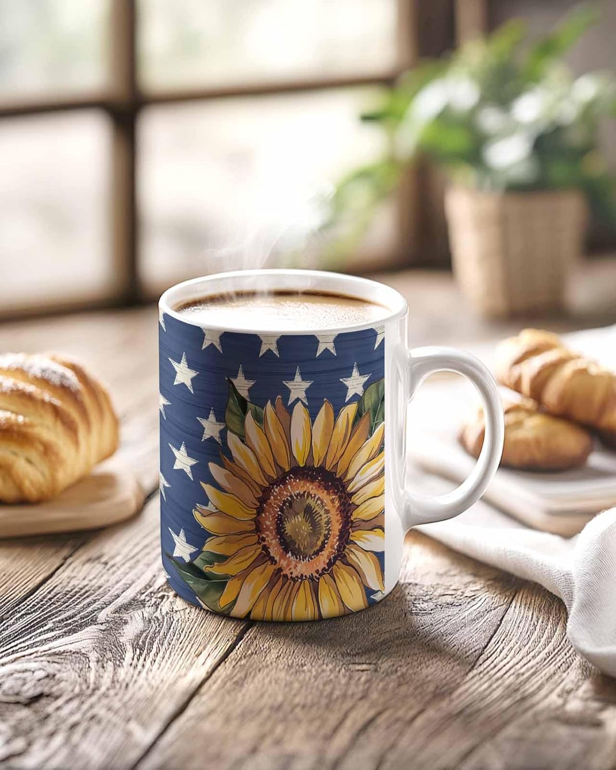 BEMIGO Ceramic Coffee Mug Summer Patriotic Star Ceramic Mug White Cup, Independence Day Insulated Coffee Cup with Handle with Pattern Perfect for Tea and Hot Beverages, 12oz