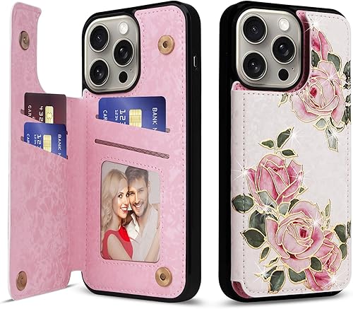 Miniatura 41 de UEEBAI Funda tipo cartera para iPhone 15 Pro Max con tarjetero, cubierta de cuero PU con soporte, bloqueo RFID, doble cierre magnético, relieve de