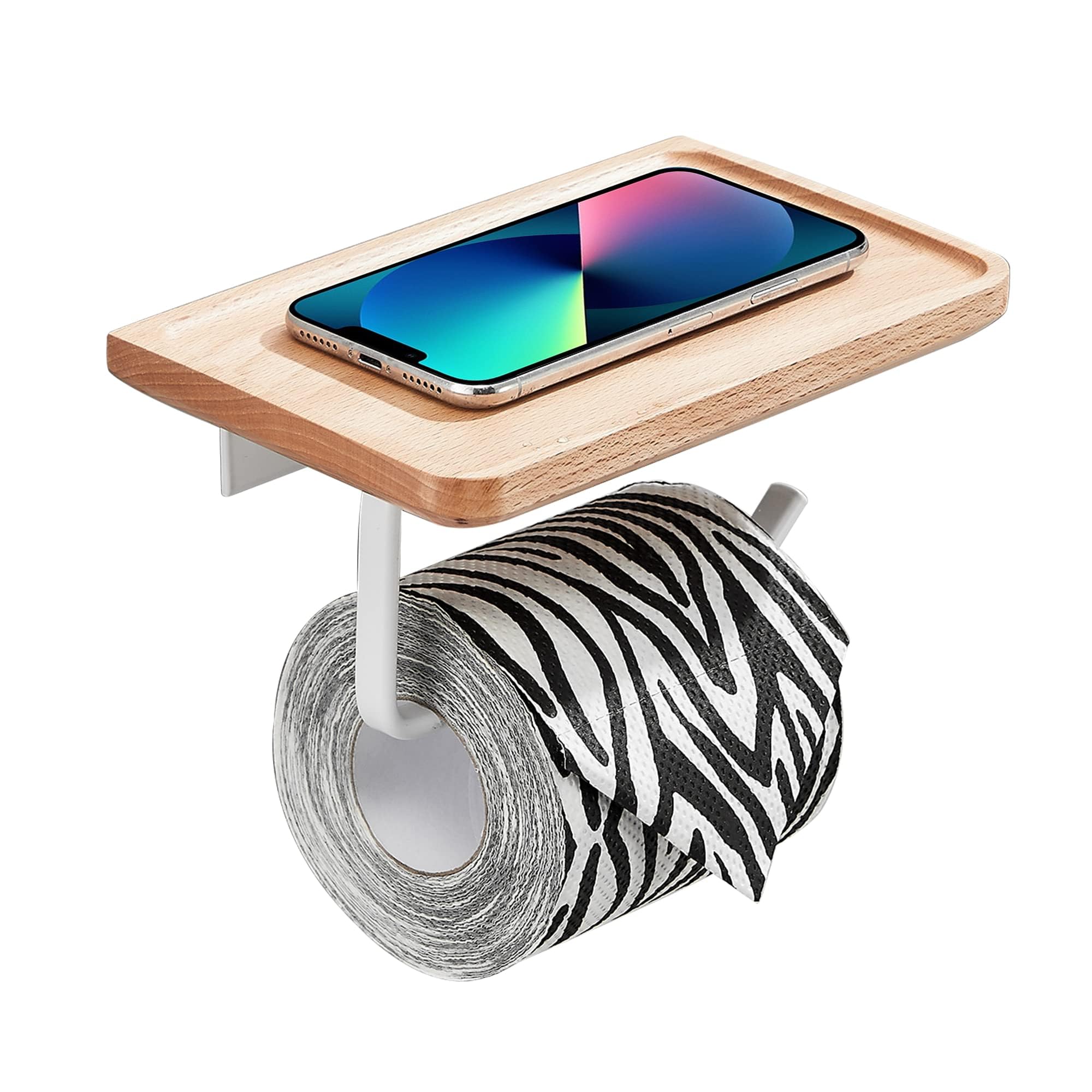 Sarihosy Square Wooden Toilet Paper Roll Holder With Shelf Free Standing, Wood Toilet Paper Roll Holder Brass White Toilet Roll Holder Self Adhesive, wooden toilet roll holder with shelf