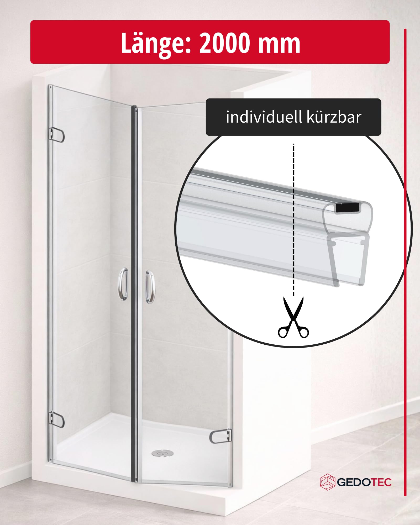Gedotec Junta magnética de labio de ducha impermeable para puertas de ducha – 1 par de juntas magnéticas 180° sin tope – Junta magnética de ducha PVC Longitud: 2 m – Junta de ducha 6 mm – 8 mm