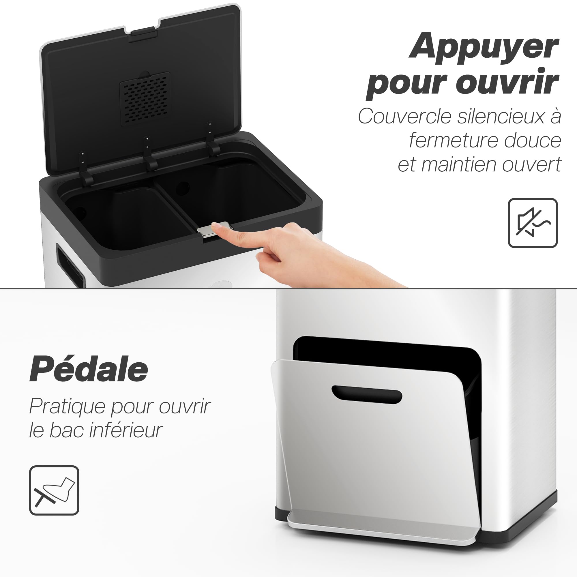 HOMCOM Poubelle de Cuisine Tri Sélectif 56L Acier INOX 410 Argent | Roulettes Recyclage, 3 Compartiments, Fermeture Douce, Pédale Large, Anti-Odeurs