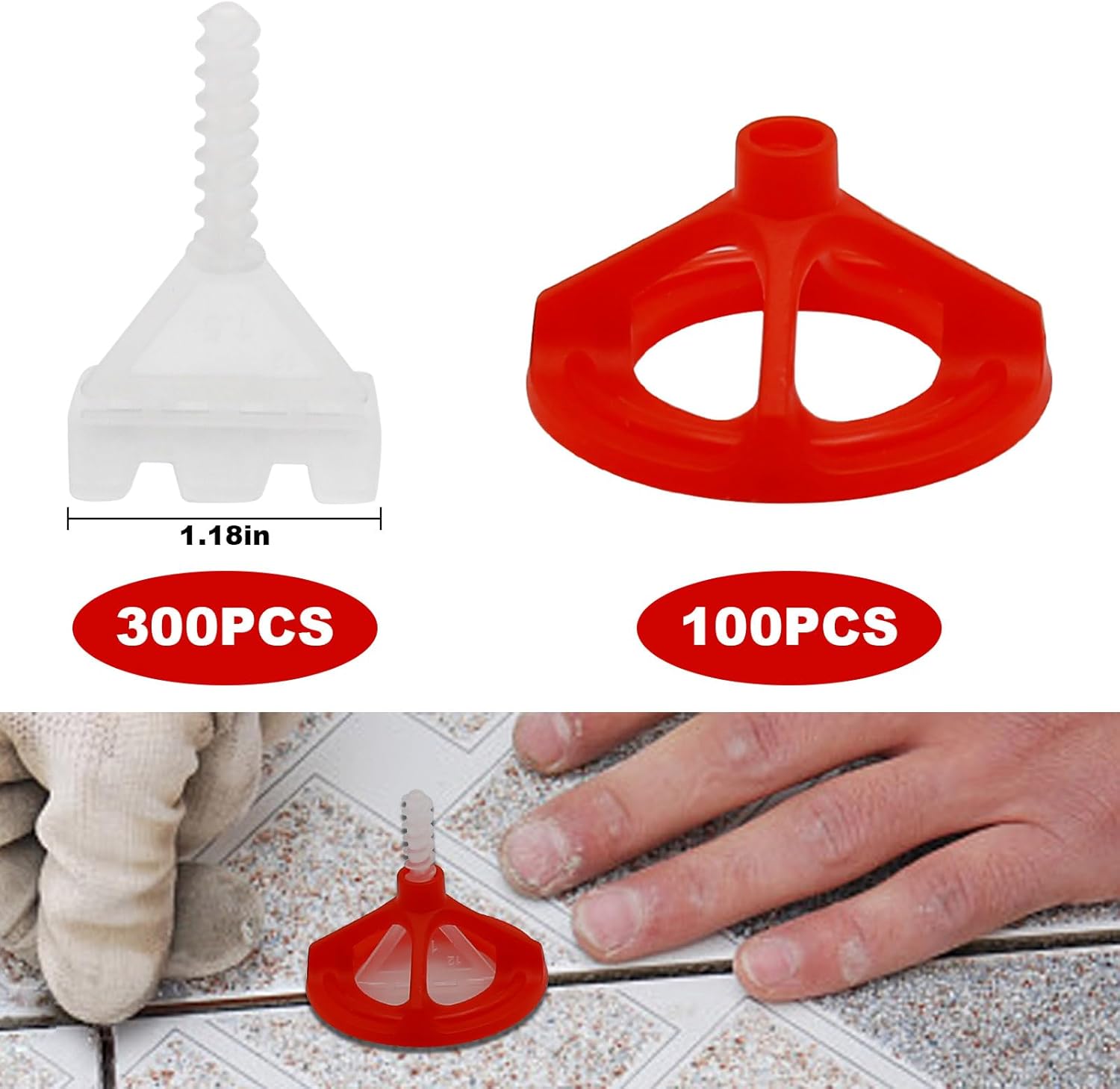 1/8 Tile Leveling System Spiral Tile Spacers Leveling System Tile Anti-Loosening and Spacing System Kit (1/8"-300pcs White Base + 100pcs Red Cap)