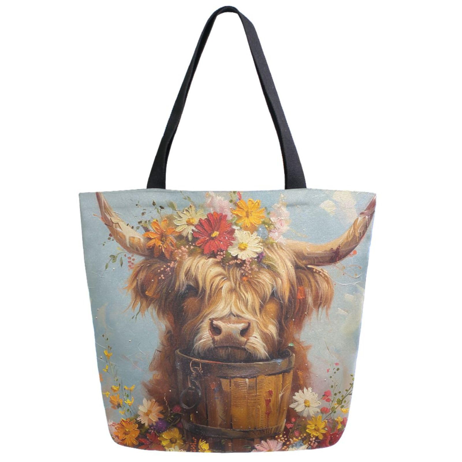 ZzWwR Chic Extra Large Shoulder Grocery Tote Bag, Retro Highland Cow Flower Bucket Canvas Daily Gym Weekender Beach Travel Kitchen Reusable Market Shopping Handle Bag