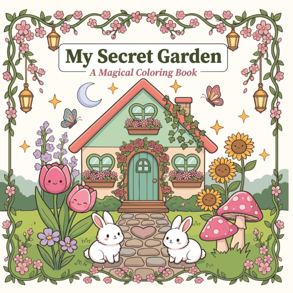 My Secret Garden Coloring Book: 40 Cute Kawaii Cottagecore Coloring Pages with Bunnies, Flowers, Butterflies & Enchanted Gardens for kids,Teens, Adults BOOK 1 (The Secret Garden Coloring Book Series)