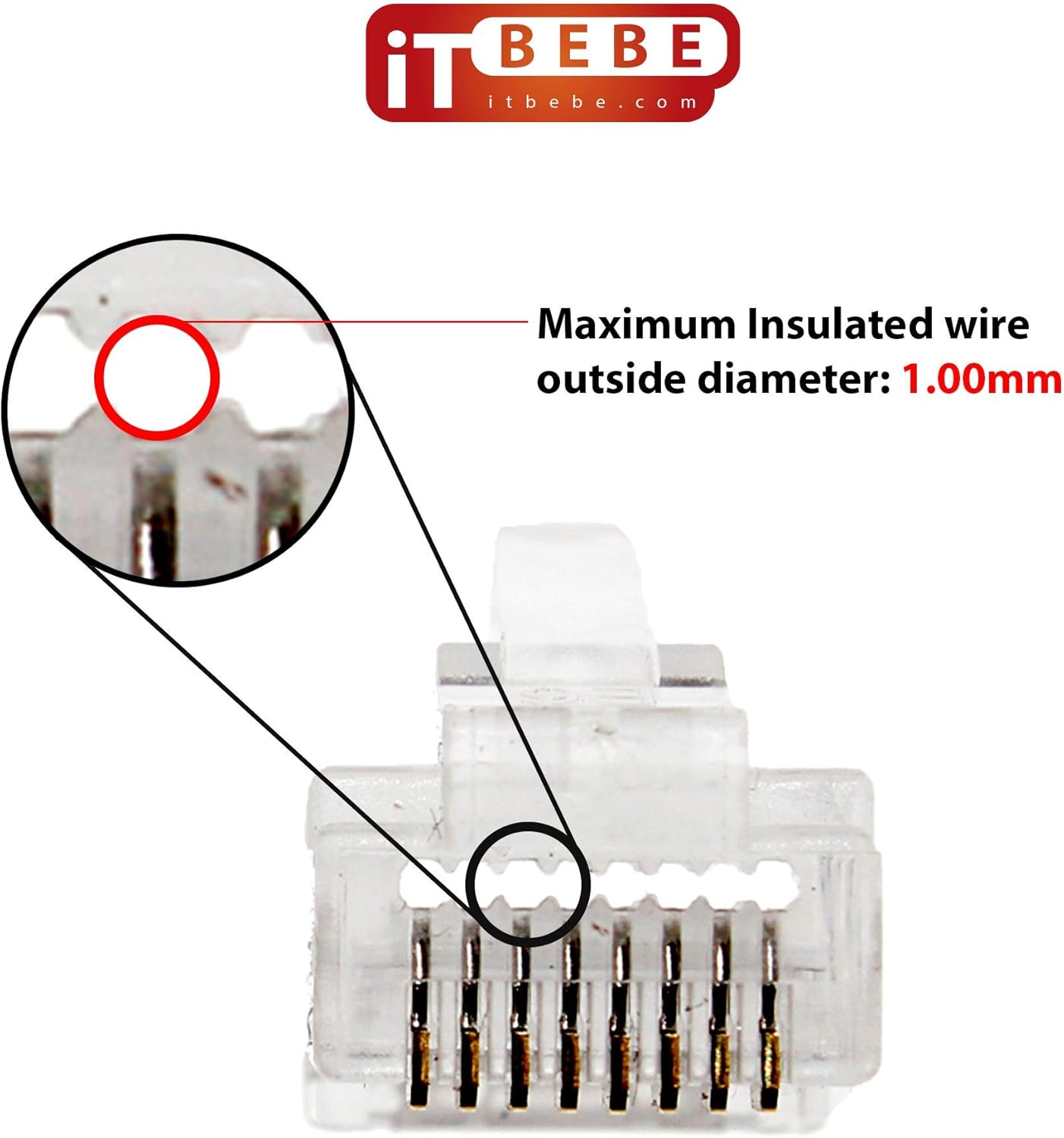ITBEBE 100/100 RJ45 Cat5 Cat5e Pass Through Connectors for 24 AWG Cables - 100 Cat5e Passthrough Connector Ends and 100 RJ45 Connectors Clear Strain Relief for Clean, snag-Free Ethernet Patch Cord