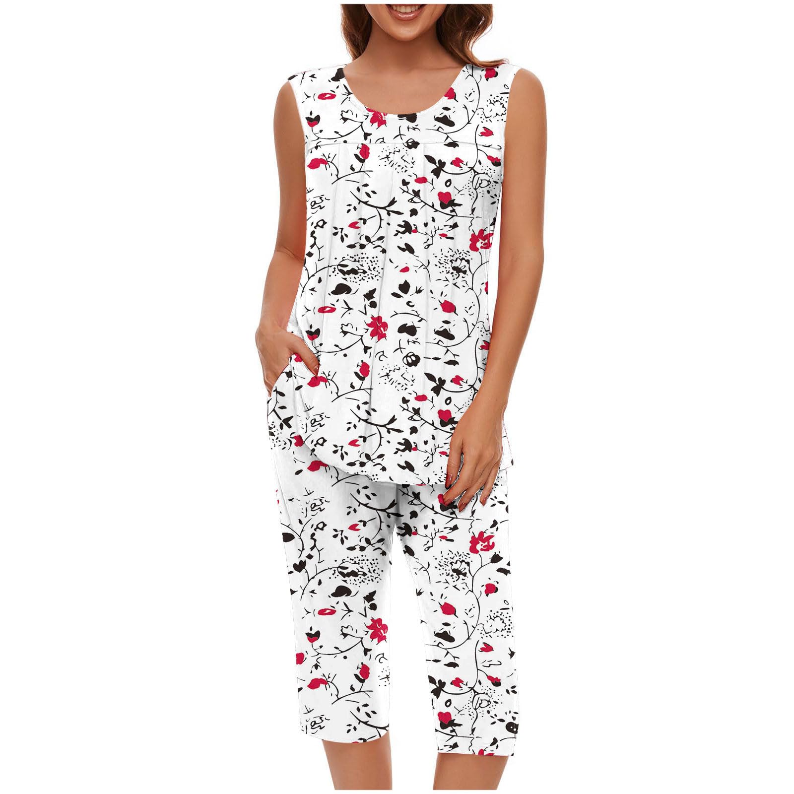 Pajama Sets for Women Summer Plus Size Lounge Sleepwear Loose Sleeveless Tops Printed Bermuda Shorts with Pockets — view 26