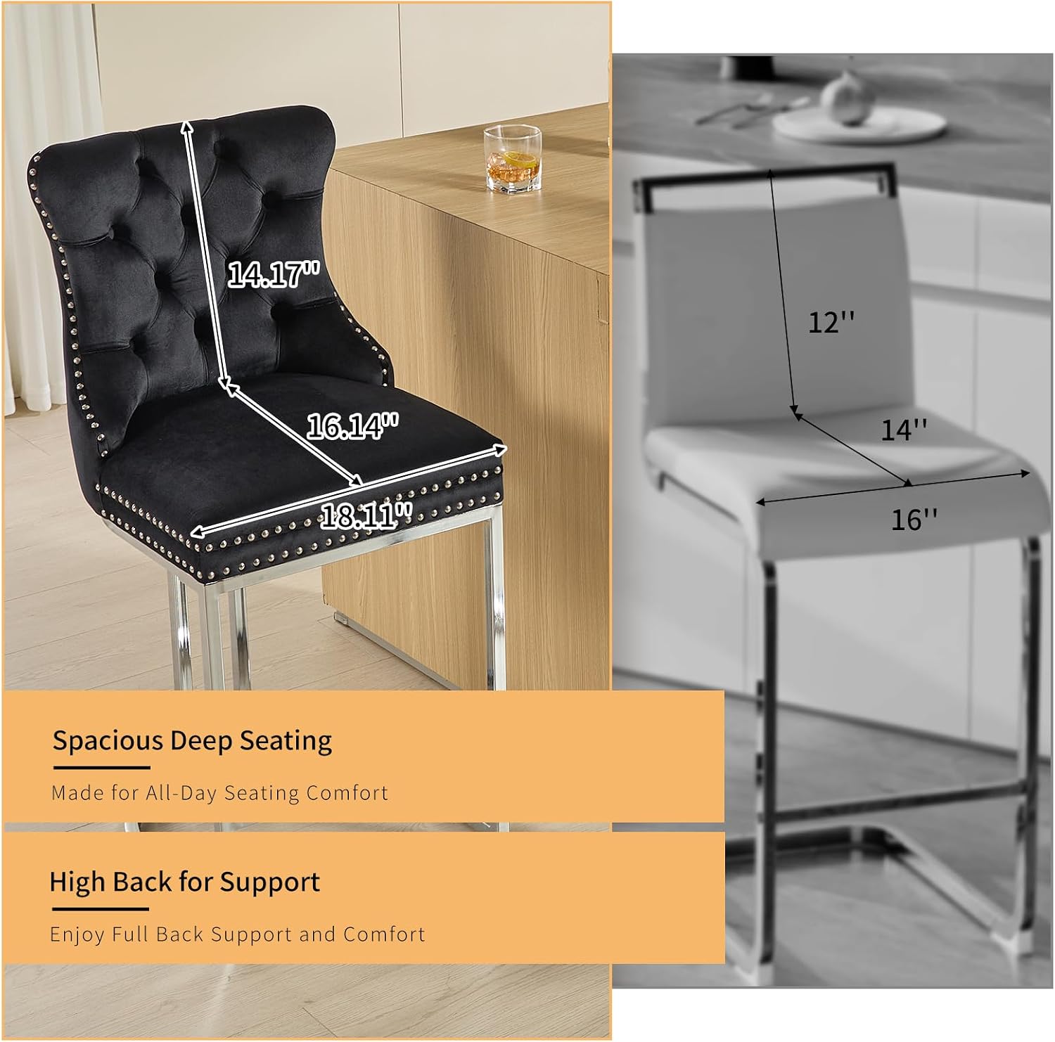 25" Mid Century Modern Velvet Counter Height Bar Stools Set of 4, Metal Leg Barstools with Backs, Black Kitchen Island Bar Chairs, Bancos para Barra de Cocina, Fabric Upholstered (Black, 4 Pcs)
