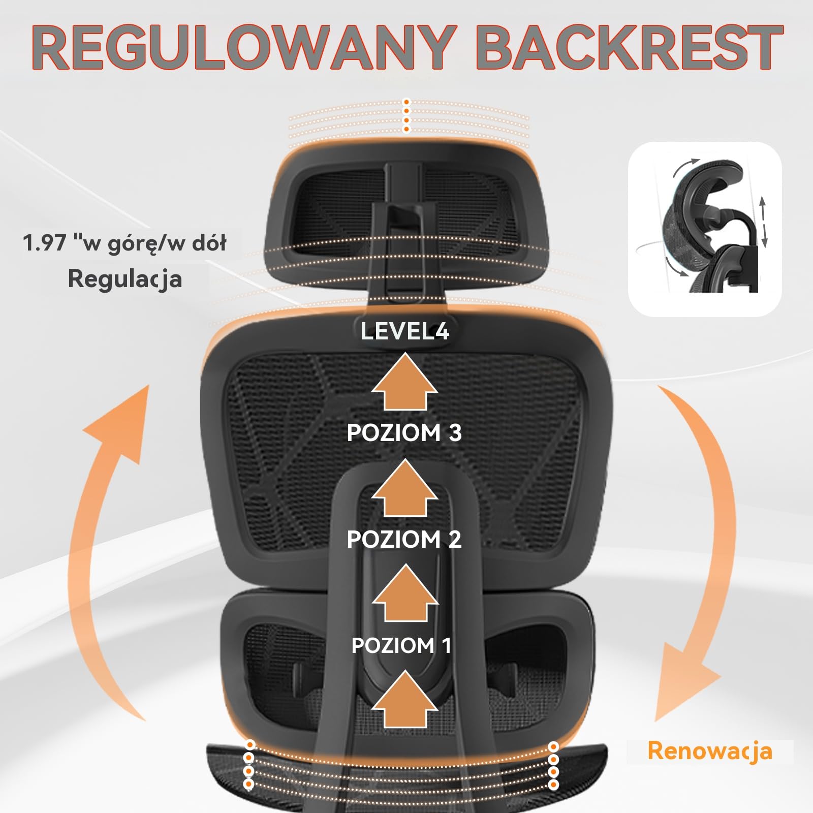 Ergonomiczne Krzesło Biurkowe,Wysokie Siatkowe Krzesło z wsparciem lędźwiowym 3-biegowym,podłokietnikami 3D,regulowanym zagłówkiem,obrotowe z funkcją nachylenia(Czarny)