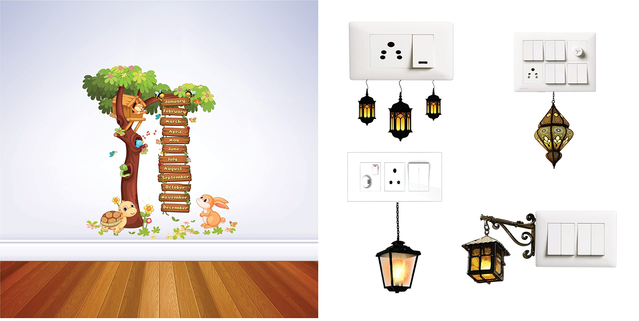 Combo Wonderful Tree Month Name with Cute Cartoon Animal joyfull Wall Sticker with Switch Board