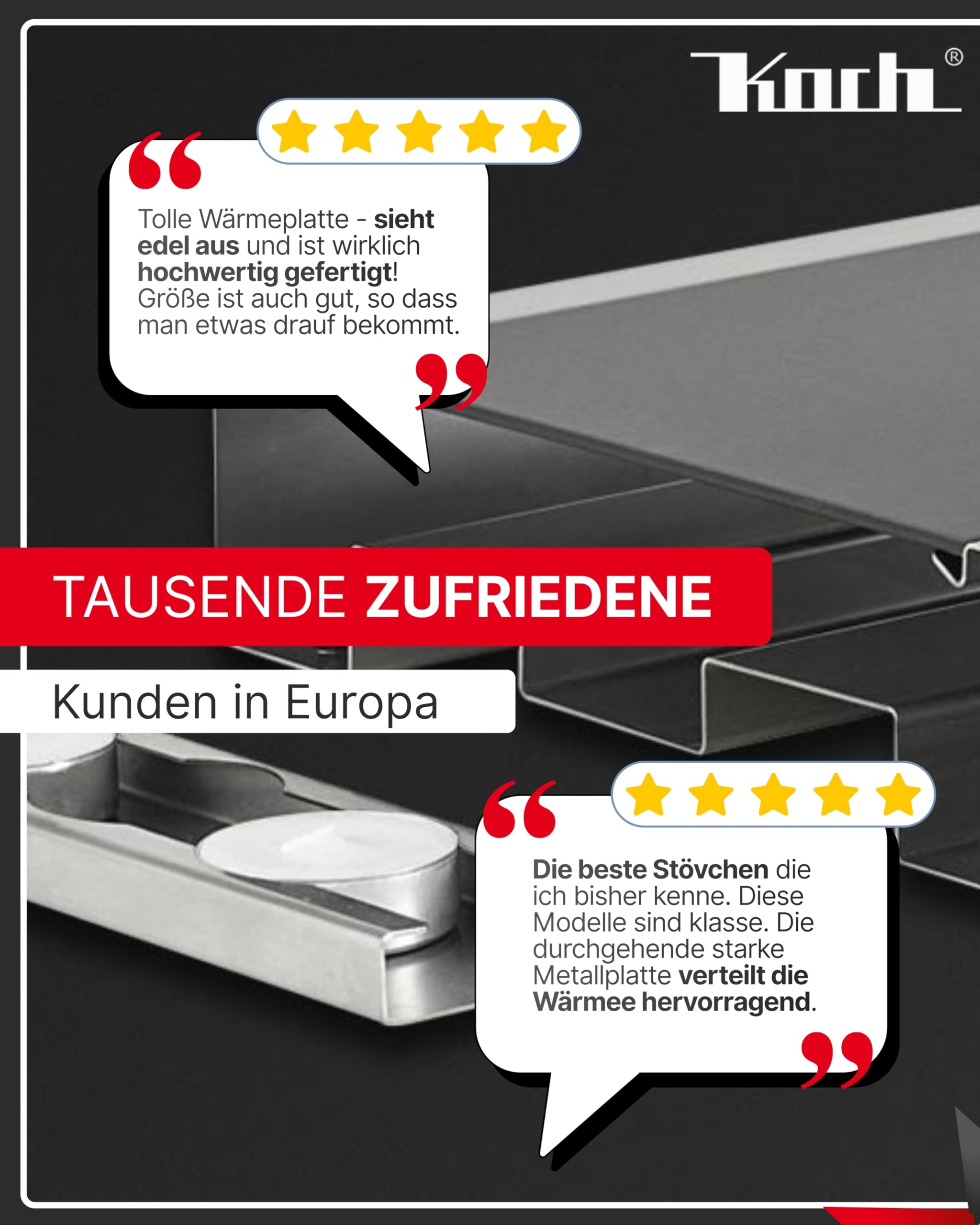 KOCH #00 Edelstahl Rechaud mit Auszug und 3 Teelichtern - Hochwertige Warmhalteplatte/Speisenwärmer/Tellerwärmer/Stövchen