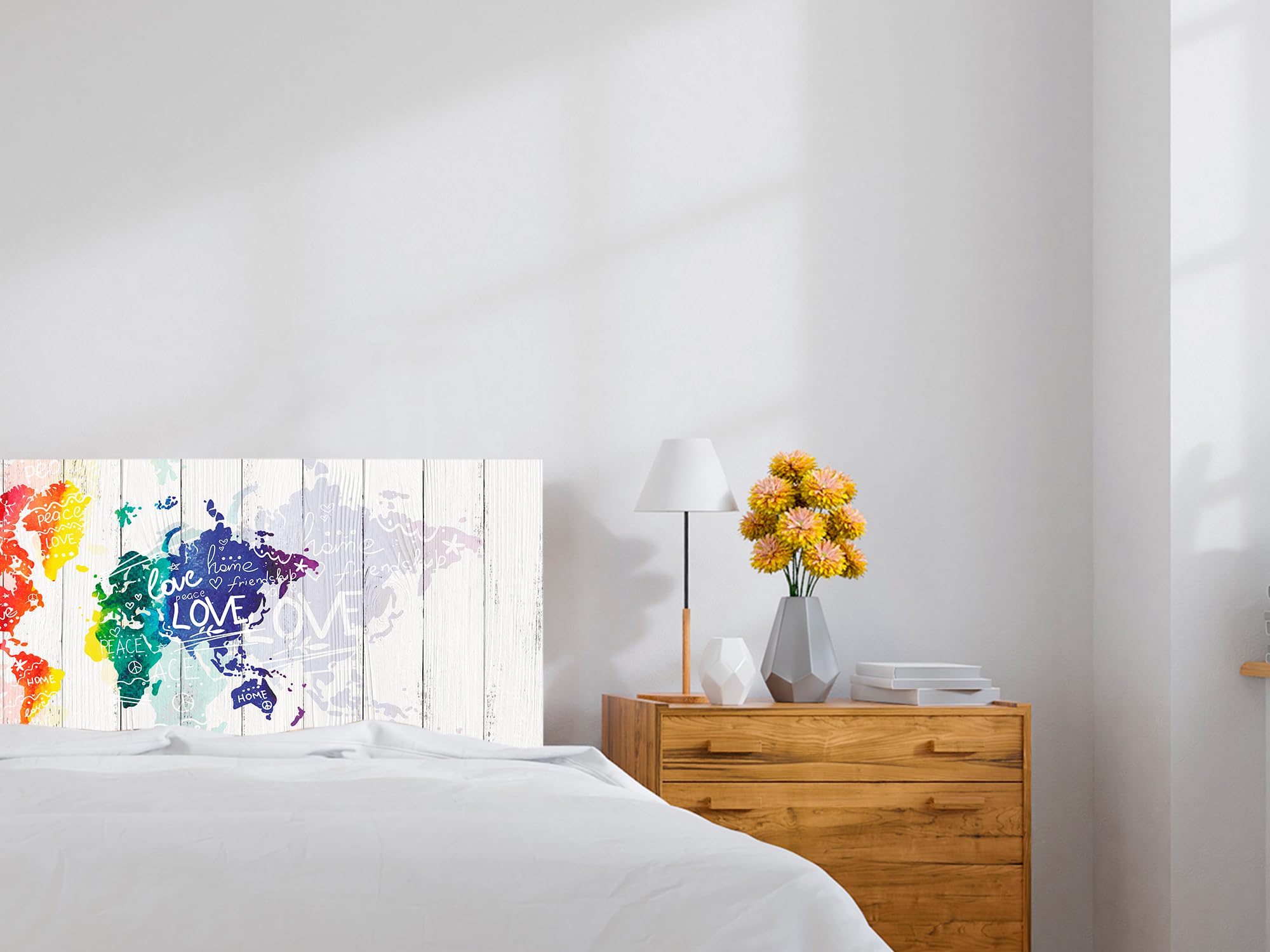 Oedim Cabecero Cama PVC Madera Blanca Mapa Mundi Acuarela, 135x60cm,Cabecero Ligero, Elegante, Resistente y Económico