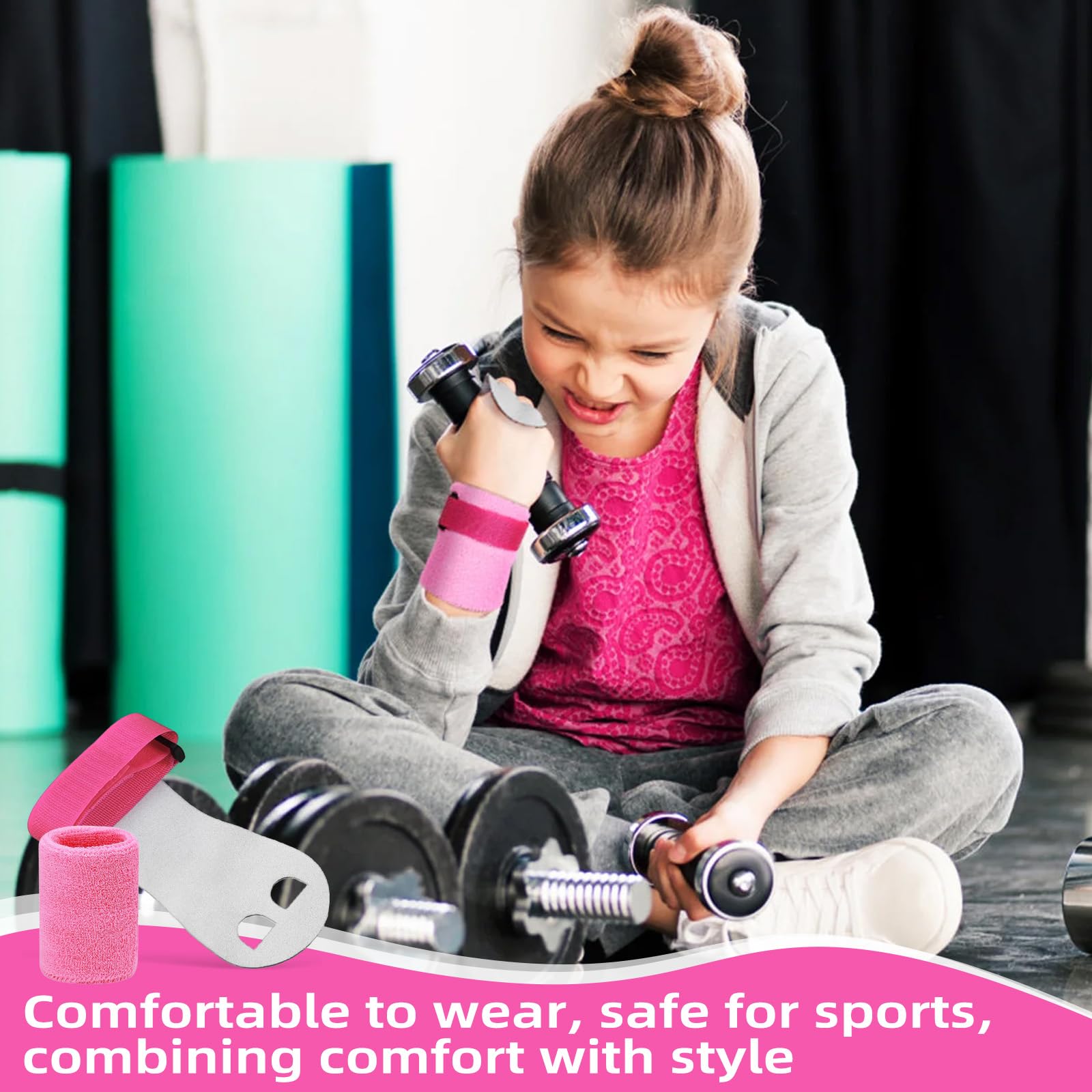 2 paia di cinghie elastiche per bambini, guanti da ginnastica per bambini, con bracciali, manopole regolabili per bambini, imbottiture per crossfit, bodybuilding, calistenica, pesi (rosa)