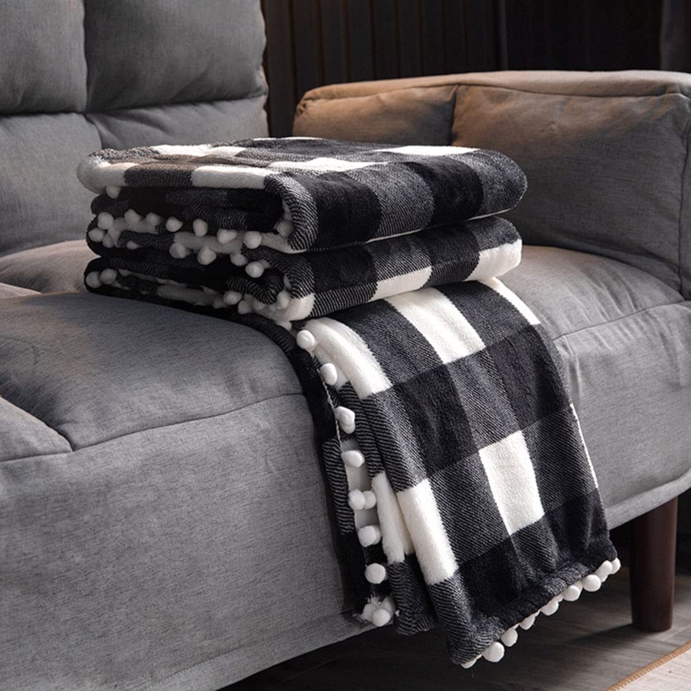Pogrubiony pled frędzel miękki pluszowy koc kula sofa kołdra ciepły flanelowy koc polarowy lekki przytulny koc na łóżko miękki koc narzuta na kanapę narzuta na łóżko, kanapę, samochód czarny 150 * 200 cm