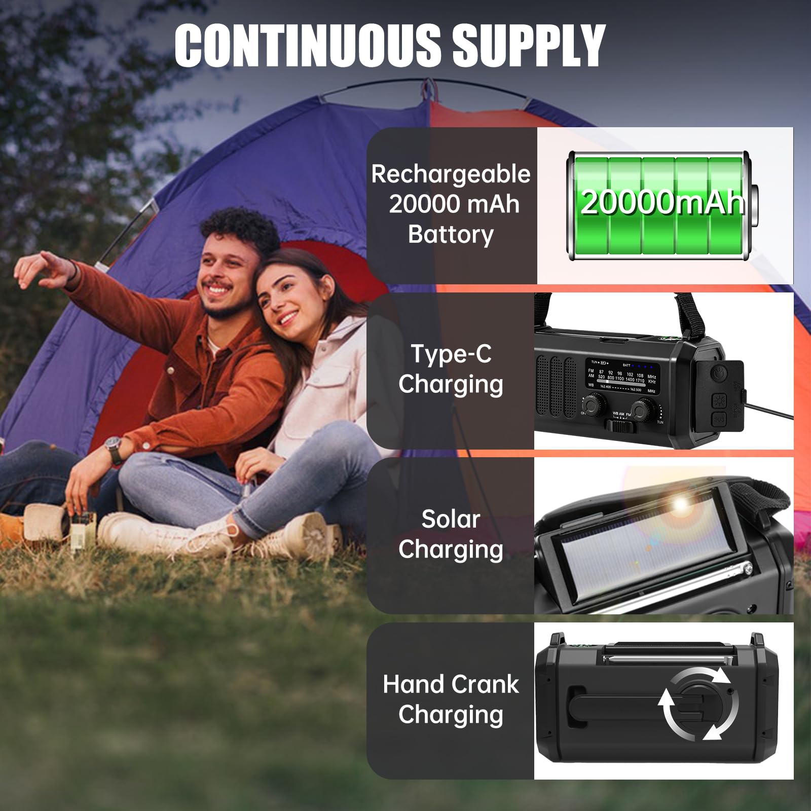 Radio météo d'urgence 20 000 mAh NOAA/AM/FM avec 74000 mWh USB/solaire/manivelle de charge, fonctionne avec piles, alarme SOS et lampe de poche pour les urgences d'intérieur/extérieur (noir)