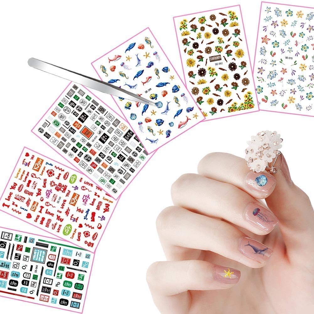 Amazon.com: VIWIEU Cute 3D Nail Stickers Small Decals Wraps Over 300 Designs  with Tweezers for Women Girls Kids, Salon Quality Self Adhesive Fake Nail  Tip Decoration Valentine's Day Christmas Party Favors :