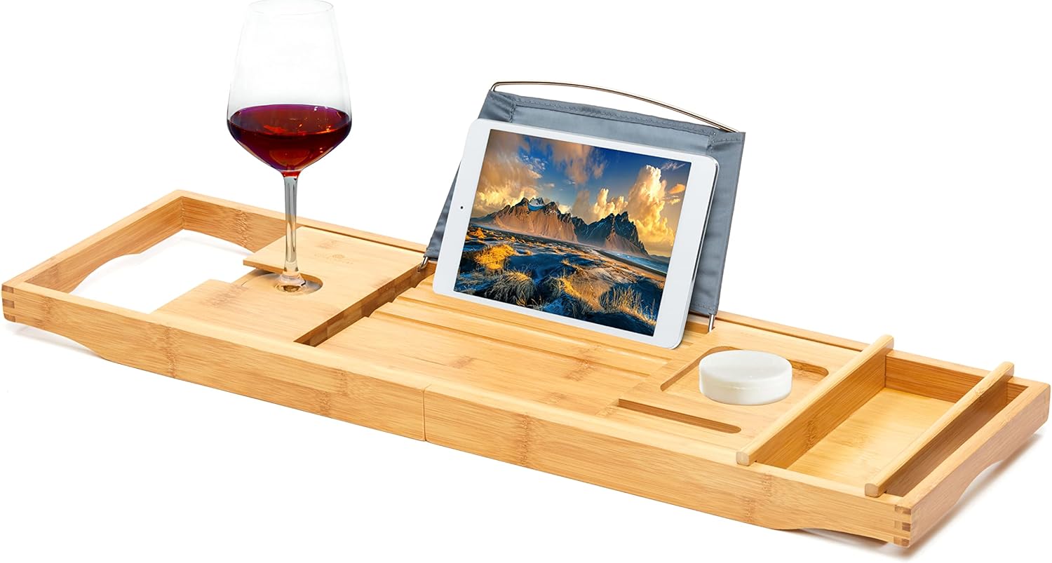 RoyalHouse Bamboo Bathtub Caddy Tray, Expandable Bath Table Over Tub with Glass Book, Adjustable Organizer Tray for Bathroom, Wine and Phone Holder, Ideal Gift for Family & Friends (Pack 2)