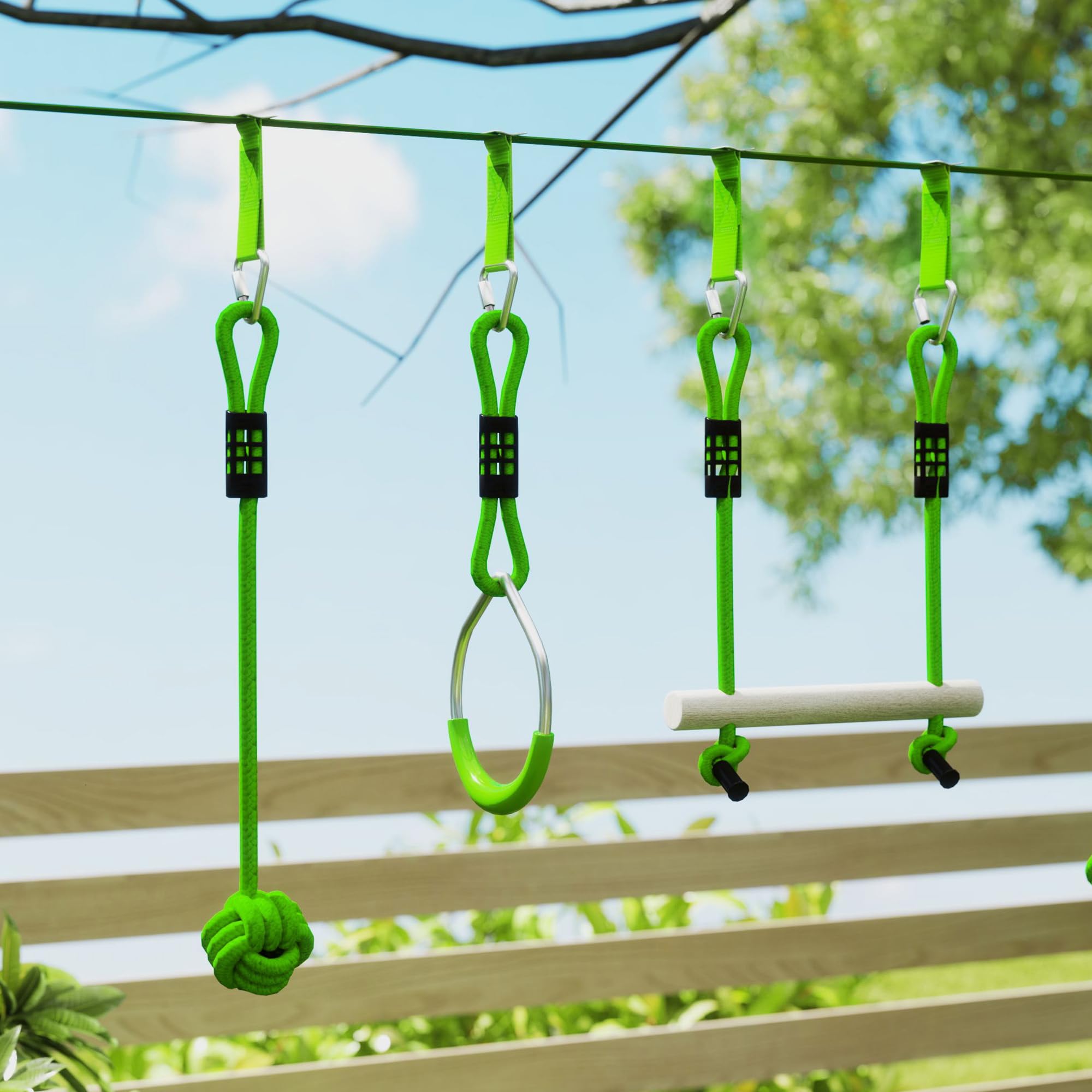 AIYAPLAY Ninja Slackline 10 m für Kinder Ninja Warrior Hindernisparcours Set mit Slackline Turnringe, Spinnerrad, Schaukel, Kletterstangen, Hängetablett, Kletterleiter, Hinderniskurs im Garten Outdoor
