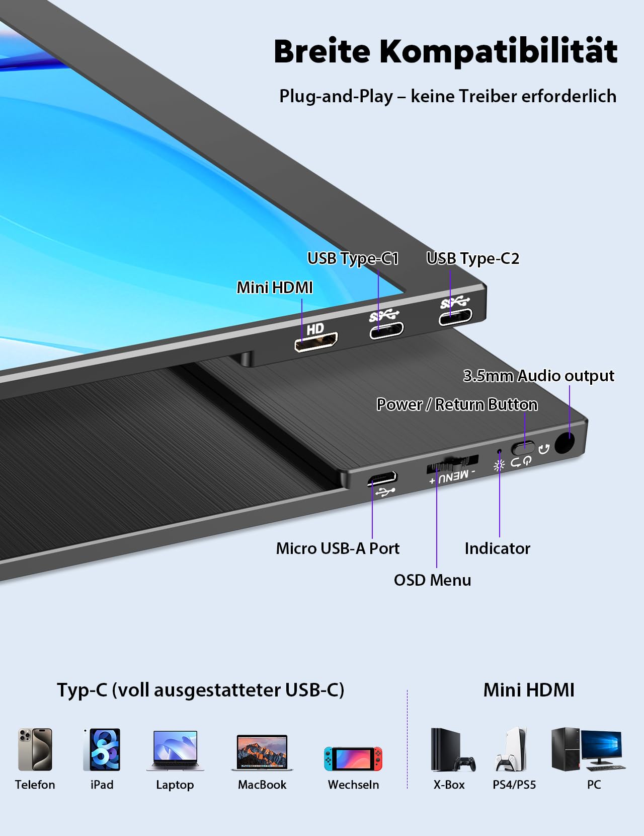 MAGICRAVEN Tragbarer Monitore 15.6“ 1080P FHD Laptop Bildschirm Erweiterung Monitor IPS Screen, Laptop Monitor mit Lautsprecher, Bildschirm für Laptop/PC/Telefone/PS45/X-Bo mit HDMI/USB C & Halterung