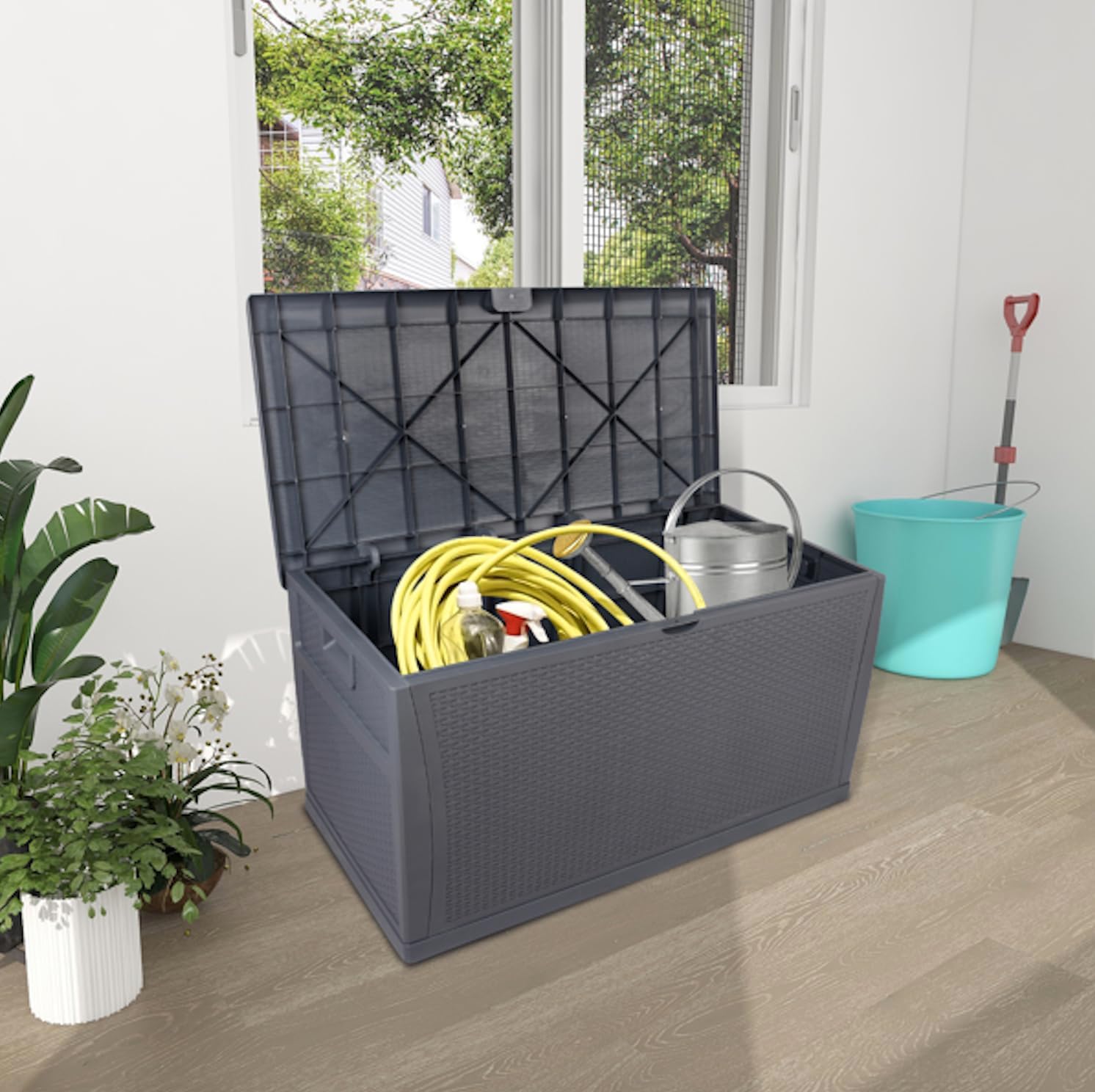 120 Gallon Large Resin Deck Box, Outdoor Organization Storage Container, Garden Storage Chest Lockable Seat for Patio Furniture, Tools (Gray)